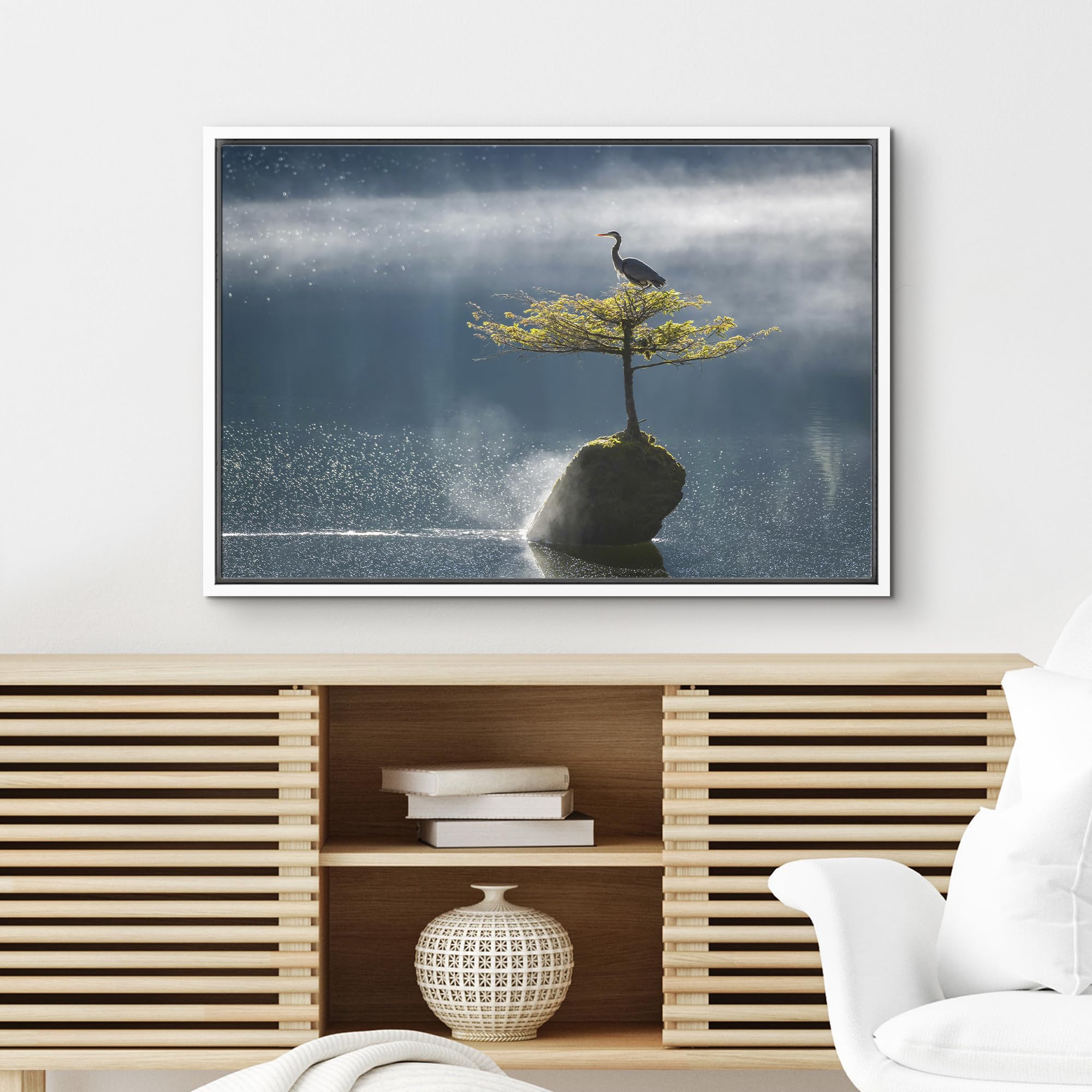 Wall26 Framed Canvas Print Wall Art Solitary Bird On Tree In Misty Lake Animals Photography Realism Rustic Scenic Landscape Wild