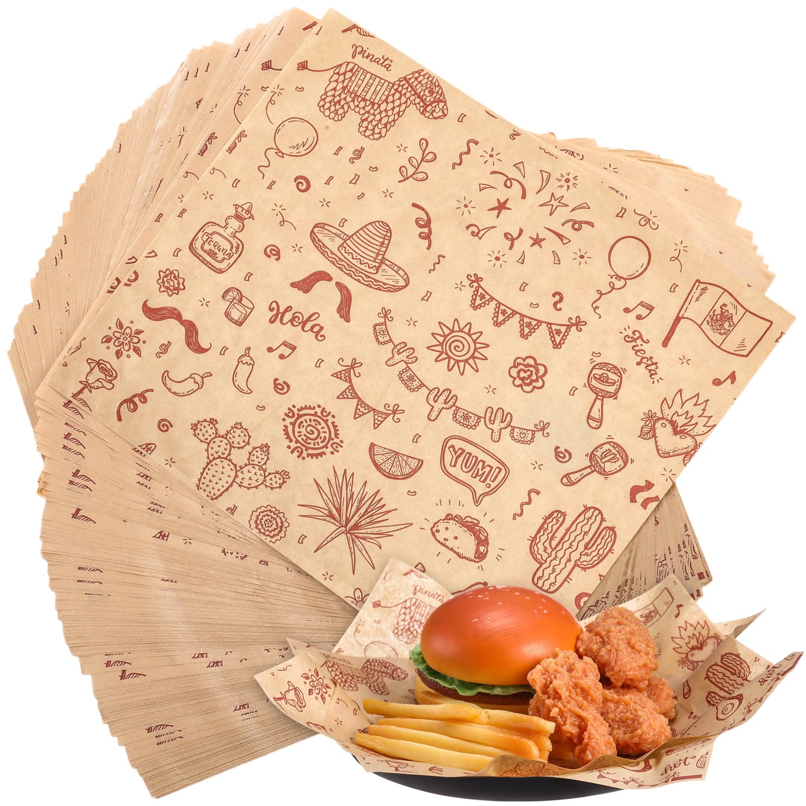 PerKoop 150 Pcs Deli Wax Paper Taco Wrapping Paper Mexican Festival Wax Sheets for Food Greaseproof Sandwich Picnic Basket Liner