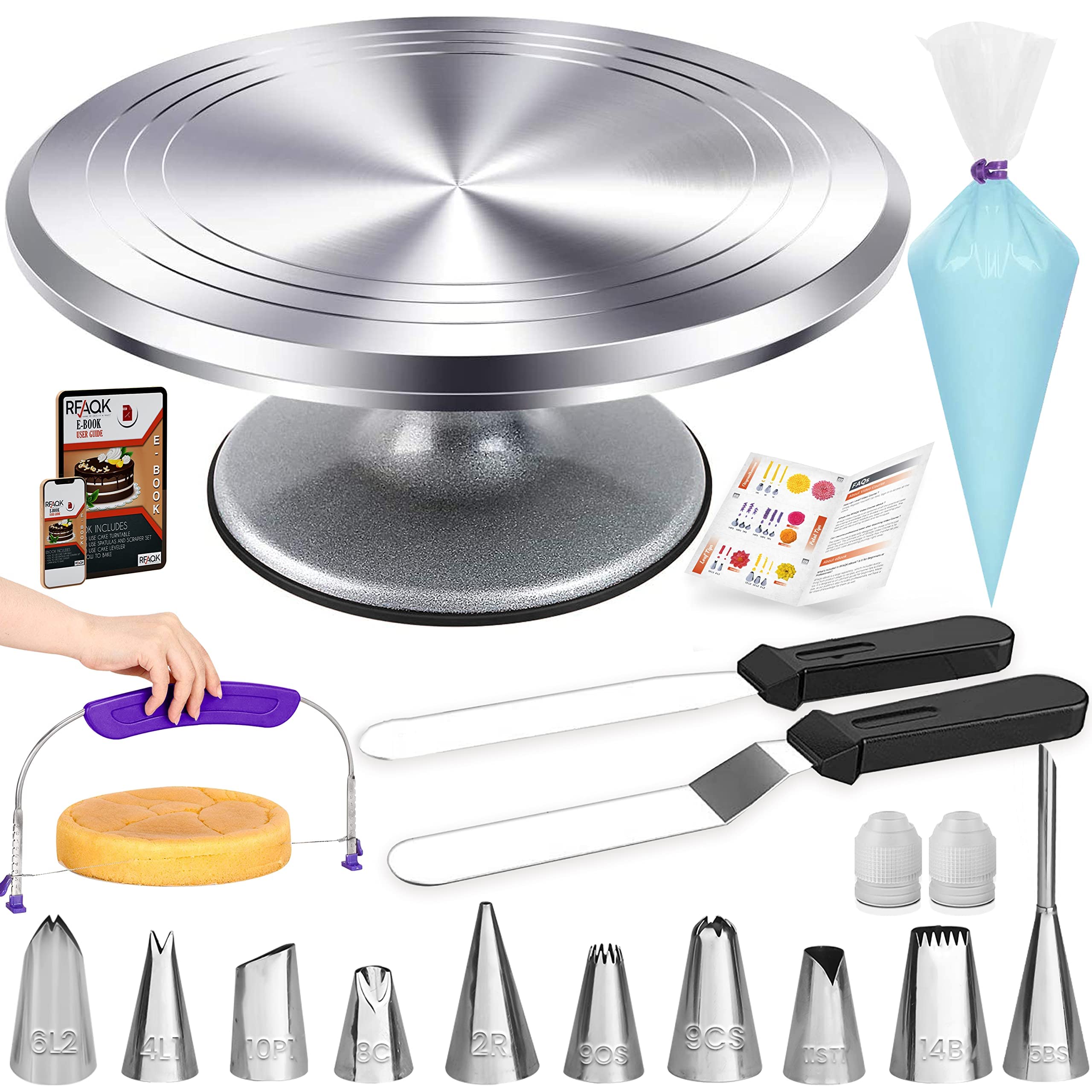Rfaqk 50Pcs Cake Turntable Set -12'' Aluminum Revolving Stand- Professional Cake Leveler- Decorating Supplies Kit With Straight