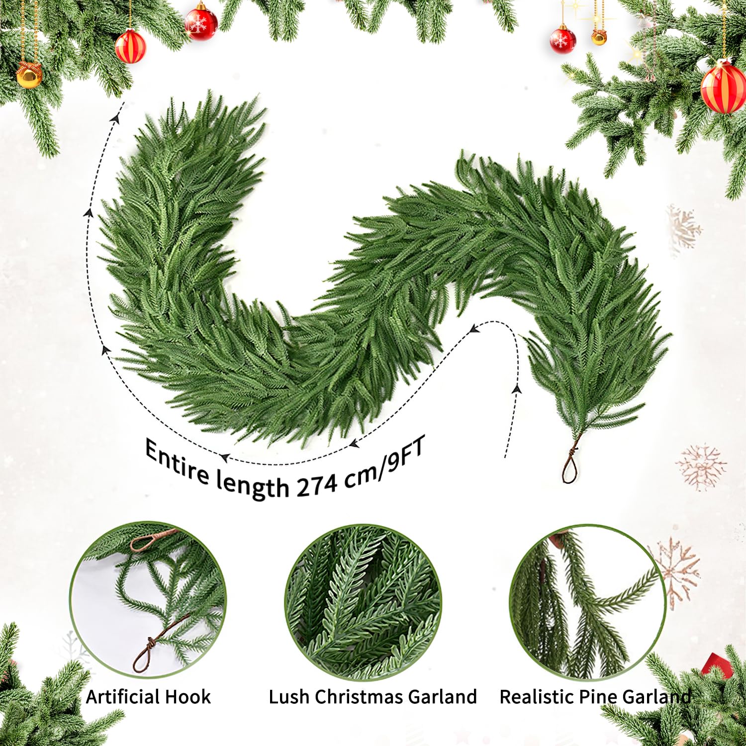 Artificial Christmas Garlands Norfolk Pine Garland 9FT Garlands for Decoration Table, Wall,Mantle, Indoor, Outdoor
