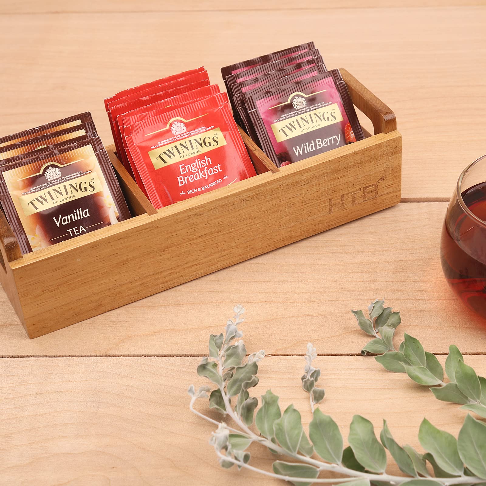 Htb Small Tea Bag Box Wooden, 3 Compartments Acacia Wood Tea Bag Chest With Handle, Mini Countertop Divided Storage Container Fo