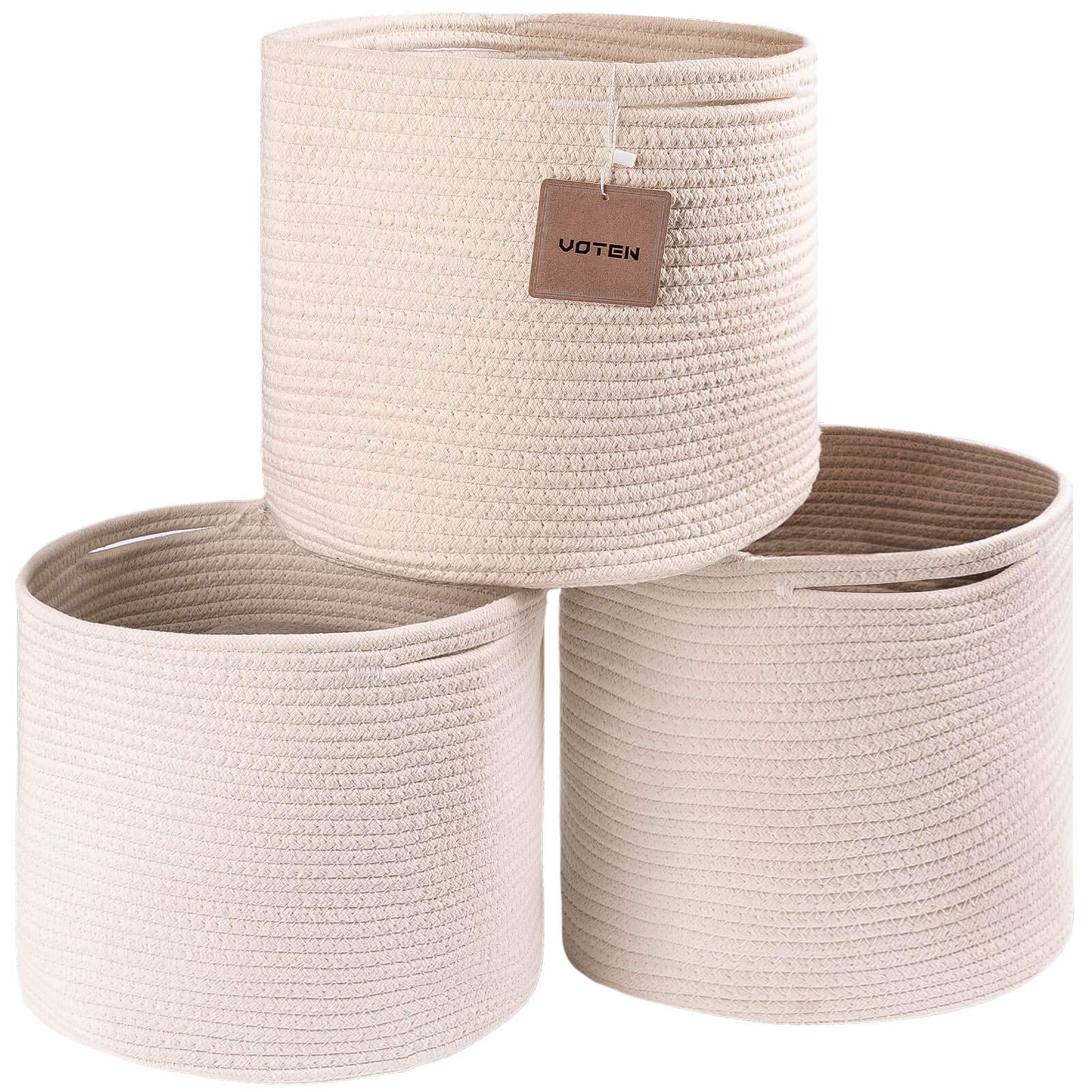 voten Bins Organizer 11x11x11 ' ' Fit 12x12 ' 'Cube Storage Bookcases Shelves Durable Woven Cotton Basket for Organizing Round 3Pack Off White