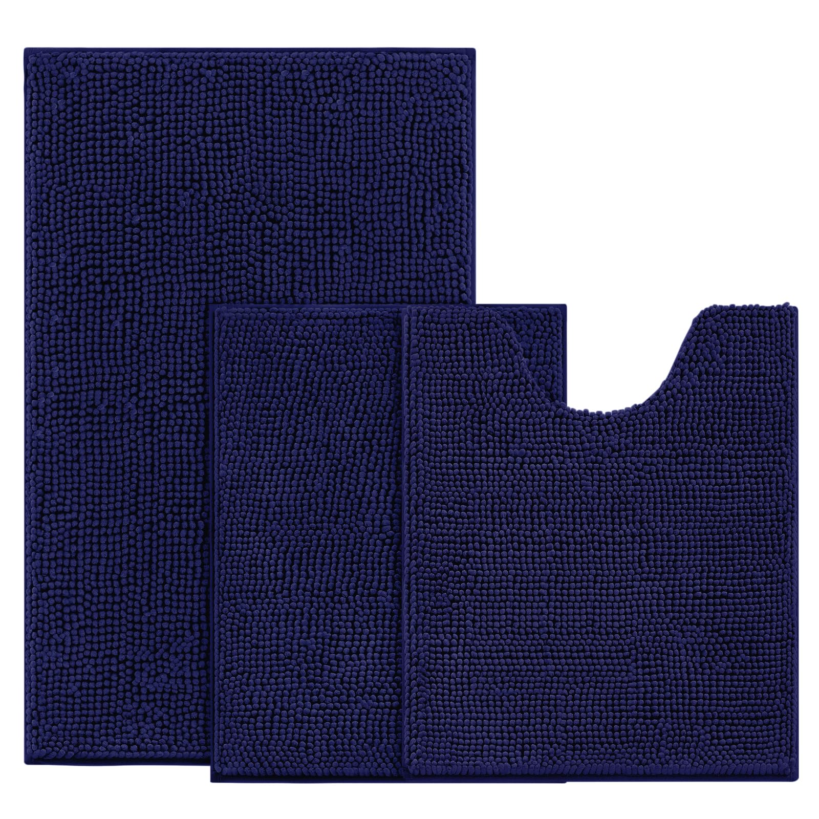 BYSURE Navy Blue Bathroom Rugs Sets 3 Piece Non Slip Extra Absorbent Plush Chenille Soft Washable Bath Rugs and Mats Set