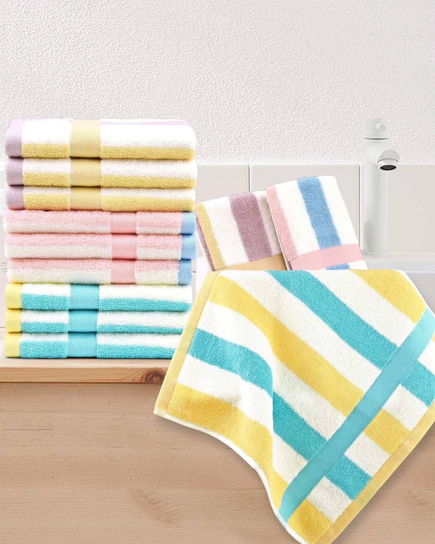Jacquotha Cotton 12 Pack Striped Washcloths, 13 X 13 Inches, 3 Colors - Face And Body Cleansing Towels