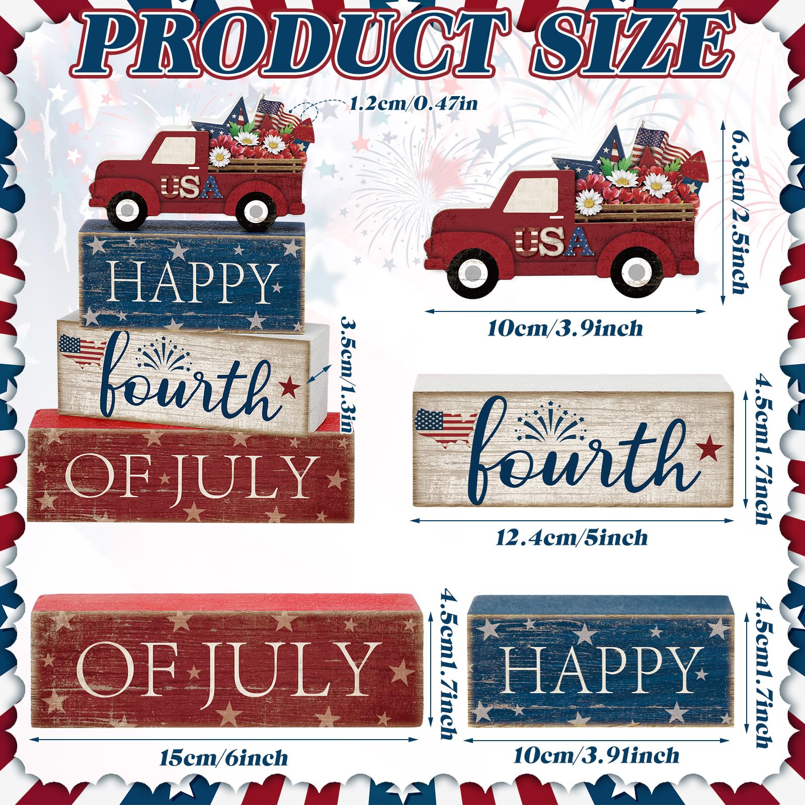 CroBlissful 4 Pcs Veterans Day Decorations Patriotic Memorial Day Tabletop Decorations Red White Blue Table Centerpieces Wood Bl