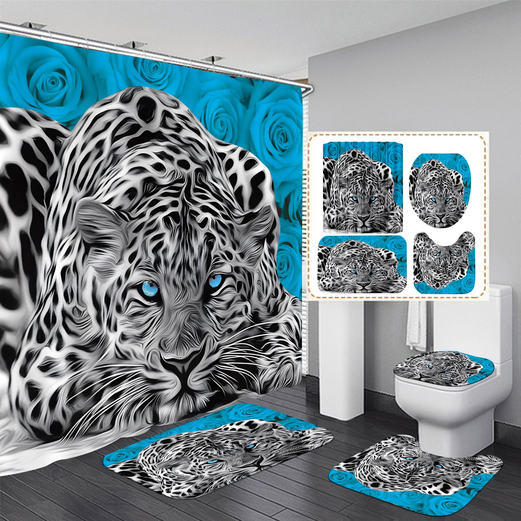 Jieprom 4Pcs Teal Rose And Leopard Shower Curtain Set With Rugs,Toilet Lid Cover And Bath Mat, Shower Curtain With 12 Hooks, Com