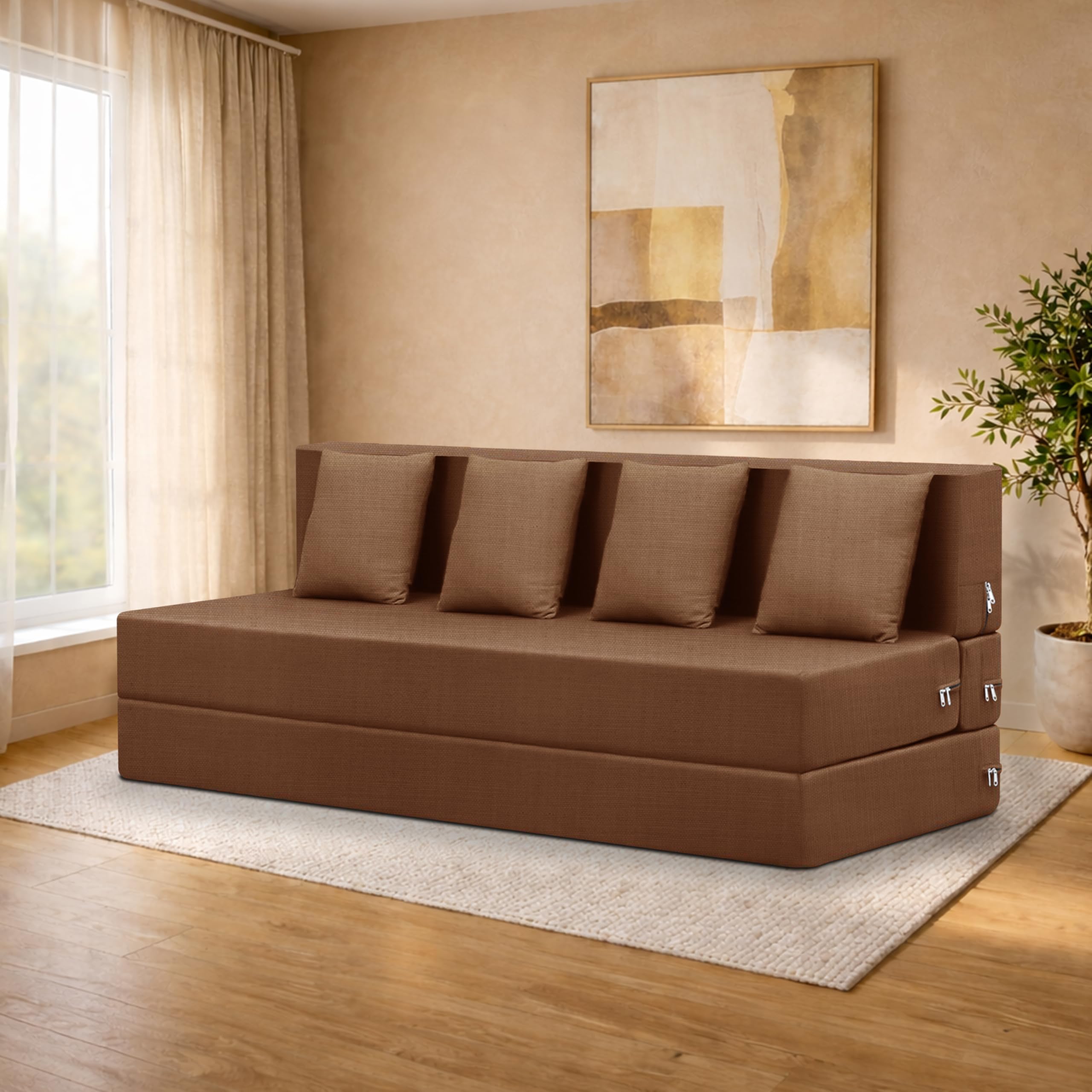 Deco Studio FourSeater Sofa Cum Bed Foldable Sofa Cum Bed Washable & Zipper |Jute Finish Fabric  Brown | 6 X 6 Feet