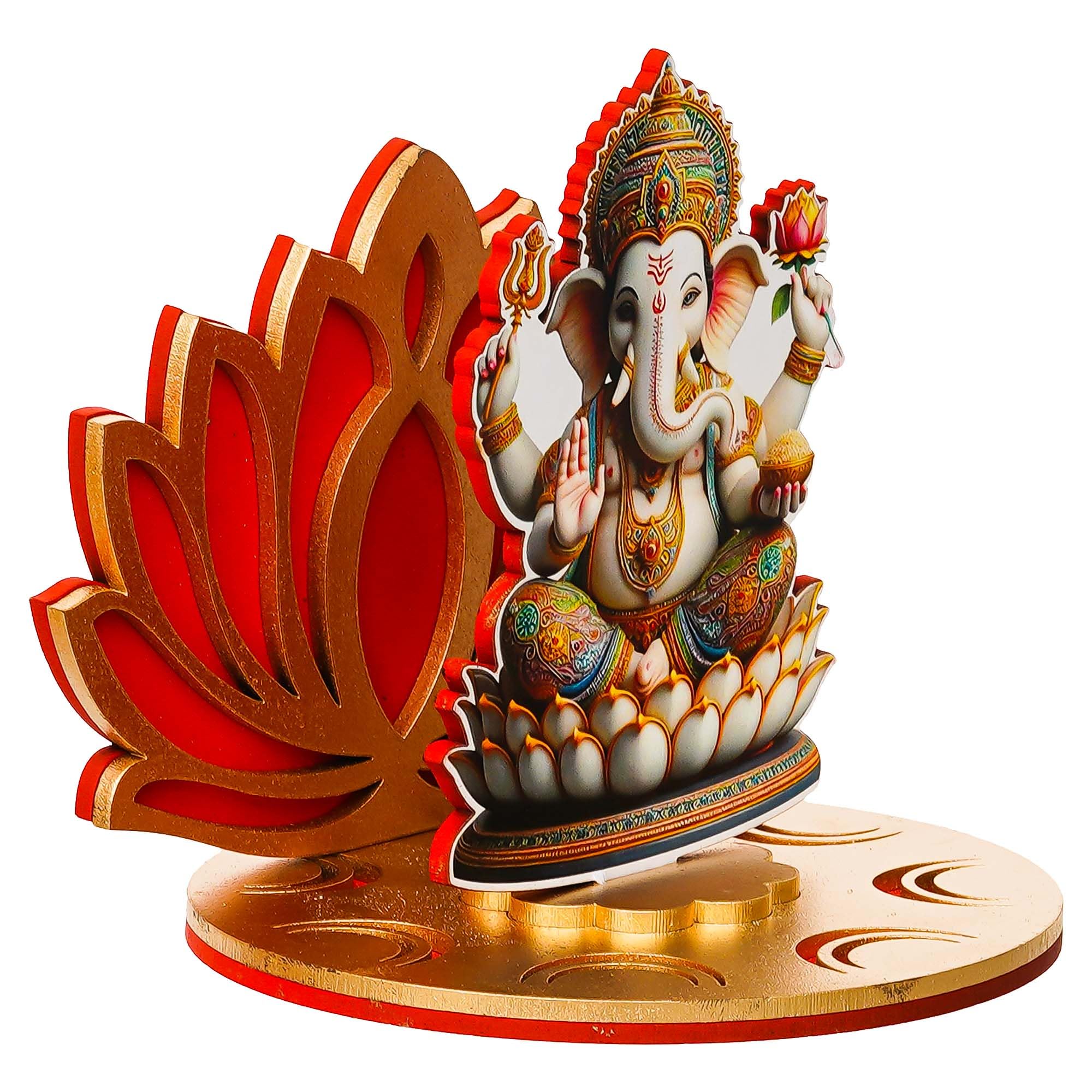 Ecraftindia Mdf Wooden Lord Ganesha Sitting On Lotus Flower Decorative Showpiece For Diwali, Lakshmi Puja, Ganesh Chaturthi Fest
