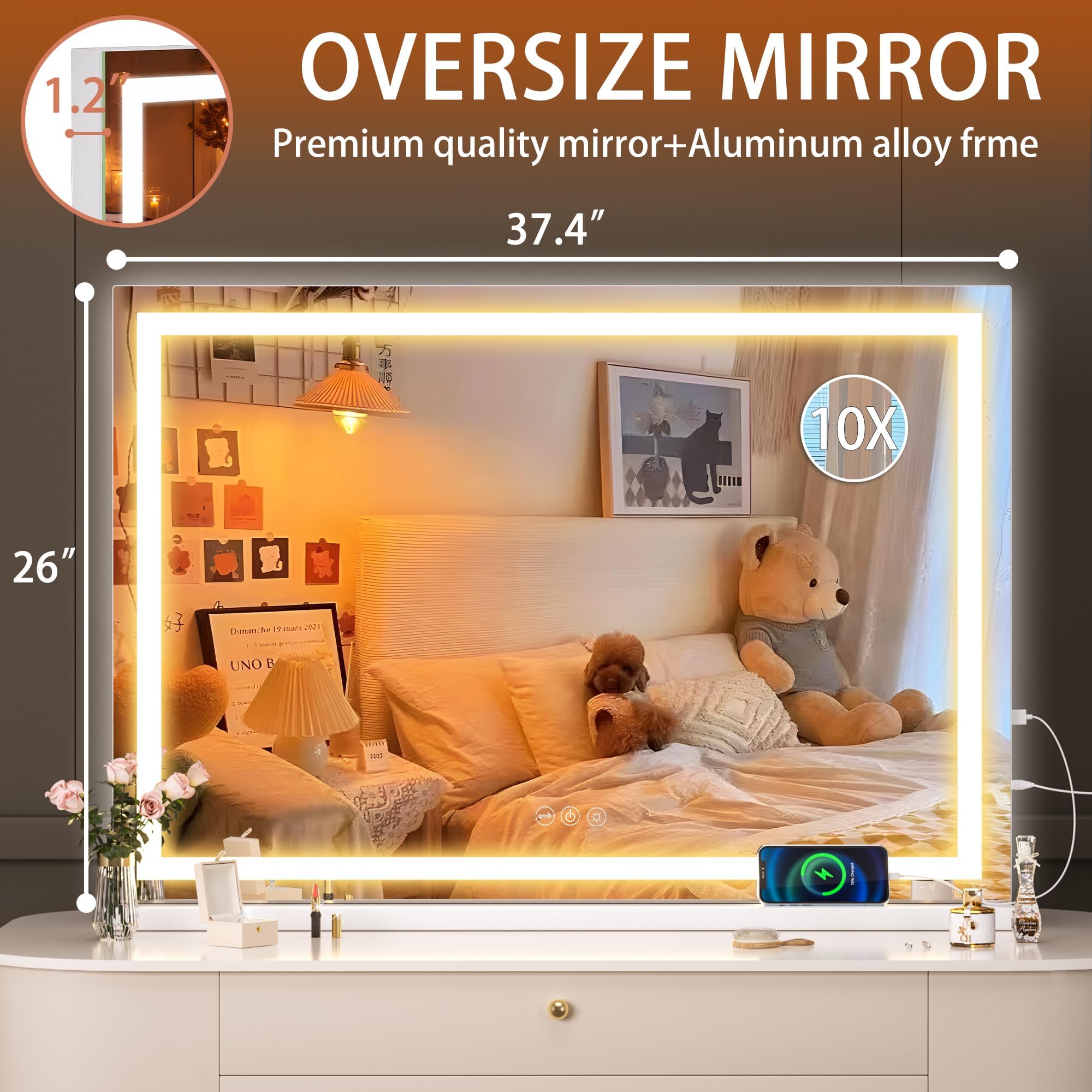Hasipu Vanity Mirror With Lights, 37'' X 26'' Led Makeup Mirror, Lighted Makeup Mirror With Dimmable 3 Modes, Touch Screen Contr