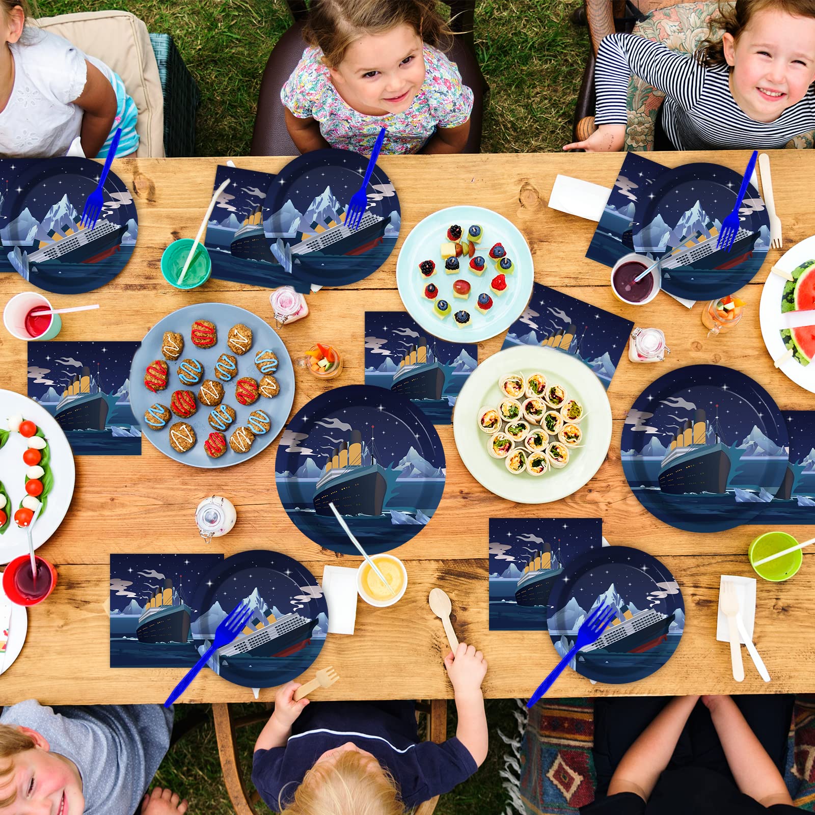 chiazllta 96 Pcs Titanic Party Paper Plate and Napkins Titanic Birthday Party Table Decoration Supplies Ocean Party Paper Plate Napkin Fork for Party Favors 24 Guests