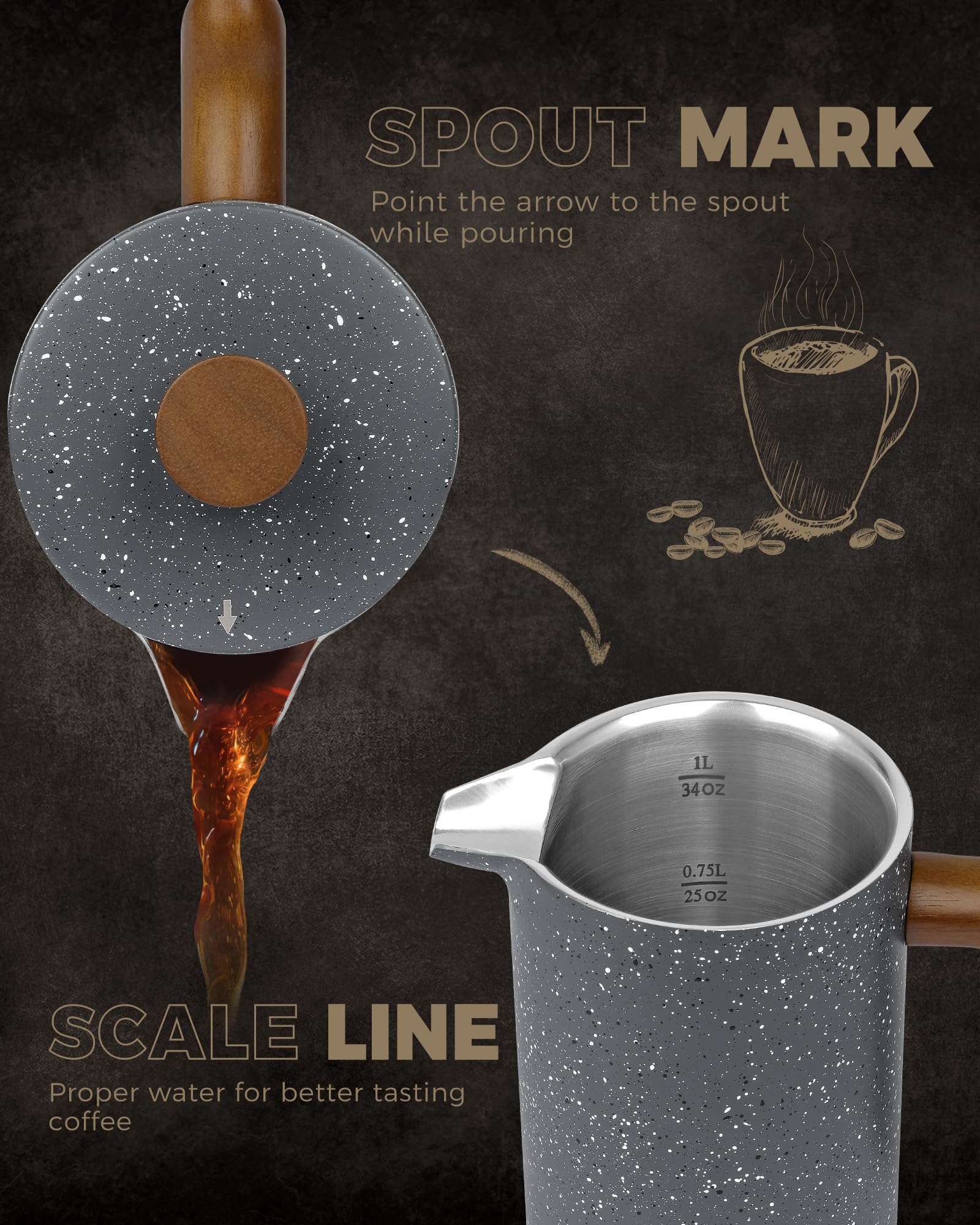 POLIVIAR French Press Coffee Maker  34 Ounce Coffee Press with Real Wood Handle  Double Wall Insulation & Dual-Filter Screen  Food Grade Stainless Steel for Good Coffee and Tea (Lava)