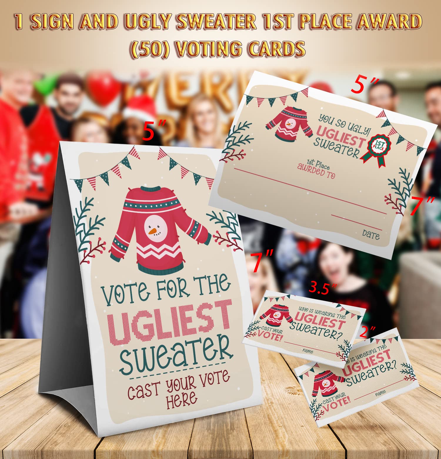 Ugly Christmas Sweater Voting Suit, Ugly Sweater Party Christmas Party, Tacky Christmas Party-1 Sign,1Awards And 50 Guessing Car