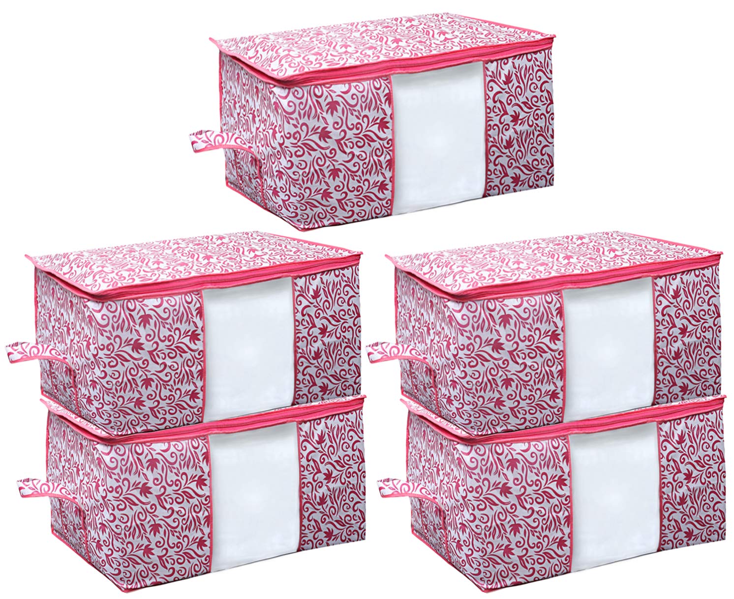 Kuber Industries Leaf Design Non Woven 5 Pieces Underbed Storage Bag, Storage Organiser, Blanket Cover (Pink)Ctktc21208