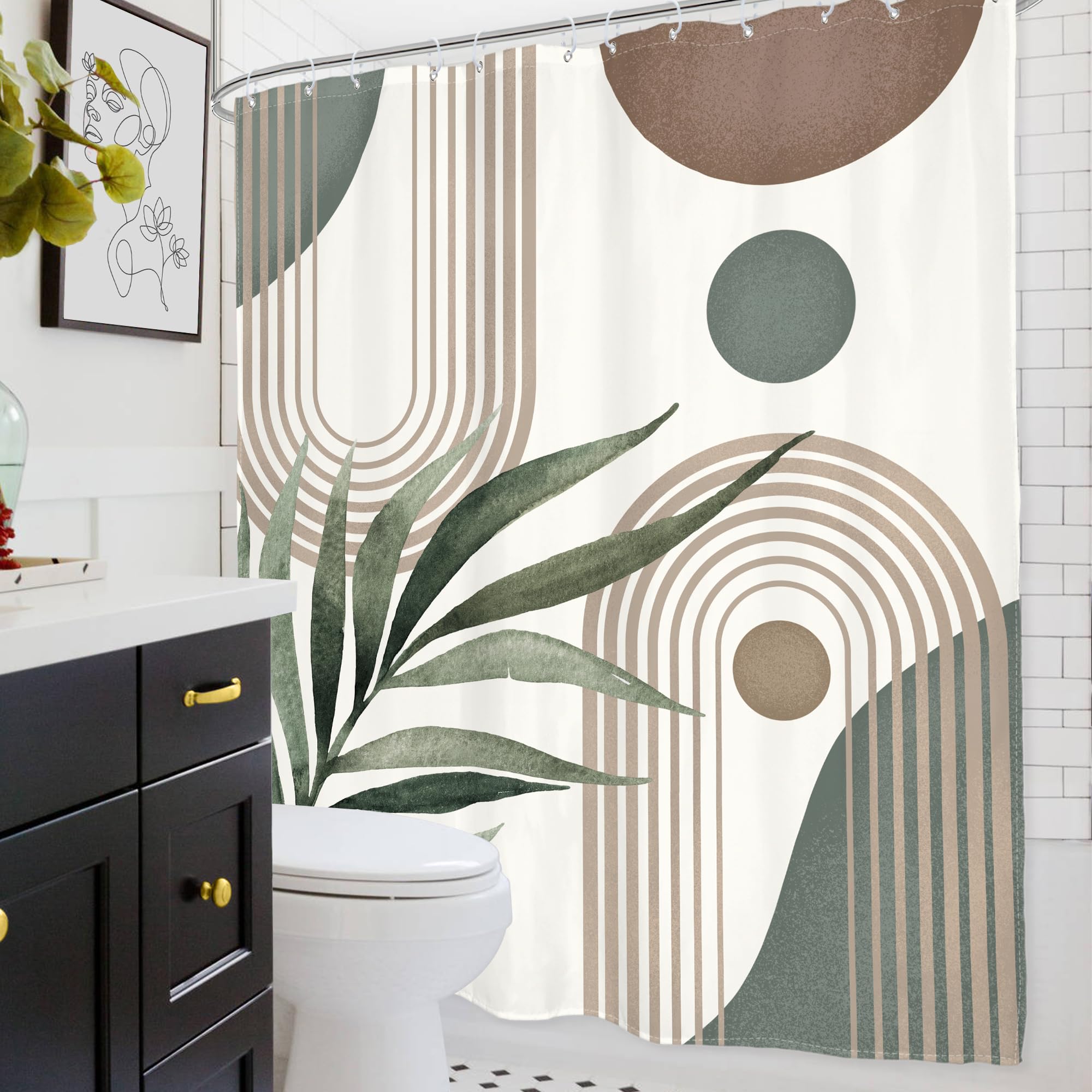Glawry Boho Shower Curtain Extra Long Mid Century Abstract Plant Palm Leaves Modern Arch Bathroom Minimalist Geometric Aesthetic