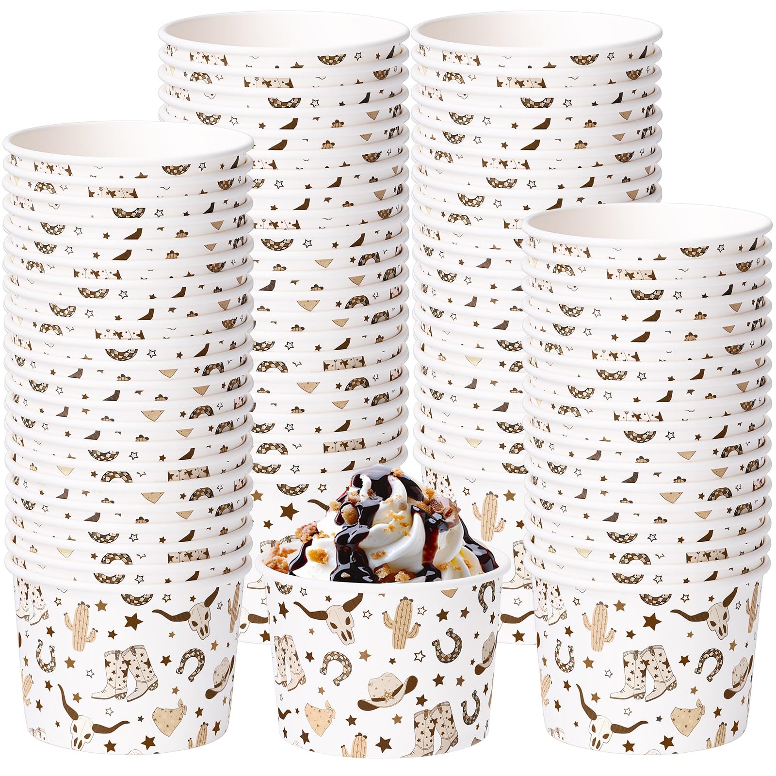 Funnymoom 50 Pack Western Cowboy Ice Cream Cups 9 oz Brown Cowboy Boot Disposable Dessert Bowls Paper Soup Bowls for Hot or Cold