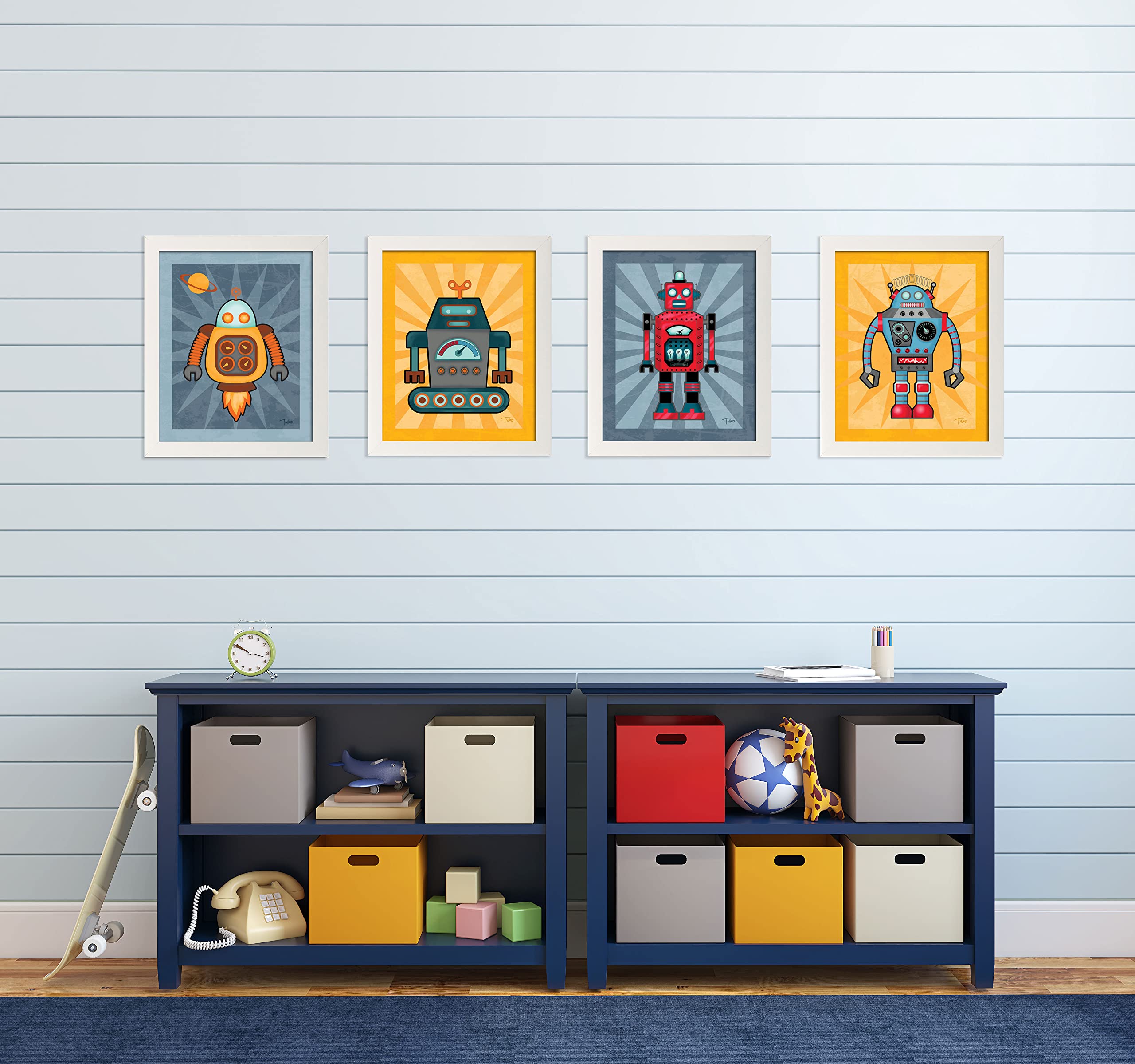 Adorable Robot Poster Set; Kids Room Decor; Four 11 X 14 White Framed Prints