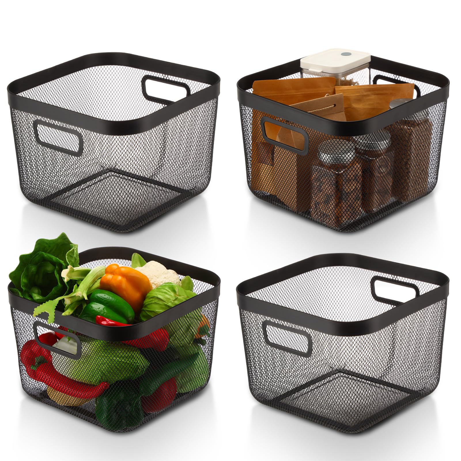 MorningRo 4 Pack Metal Mesh Basket with Handles, Black, Large