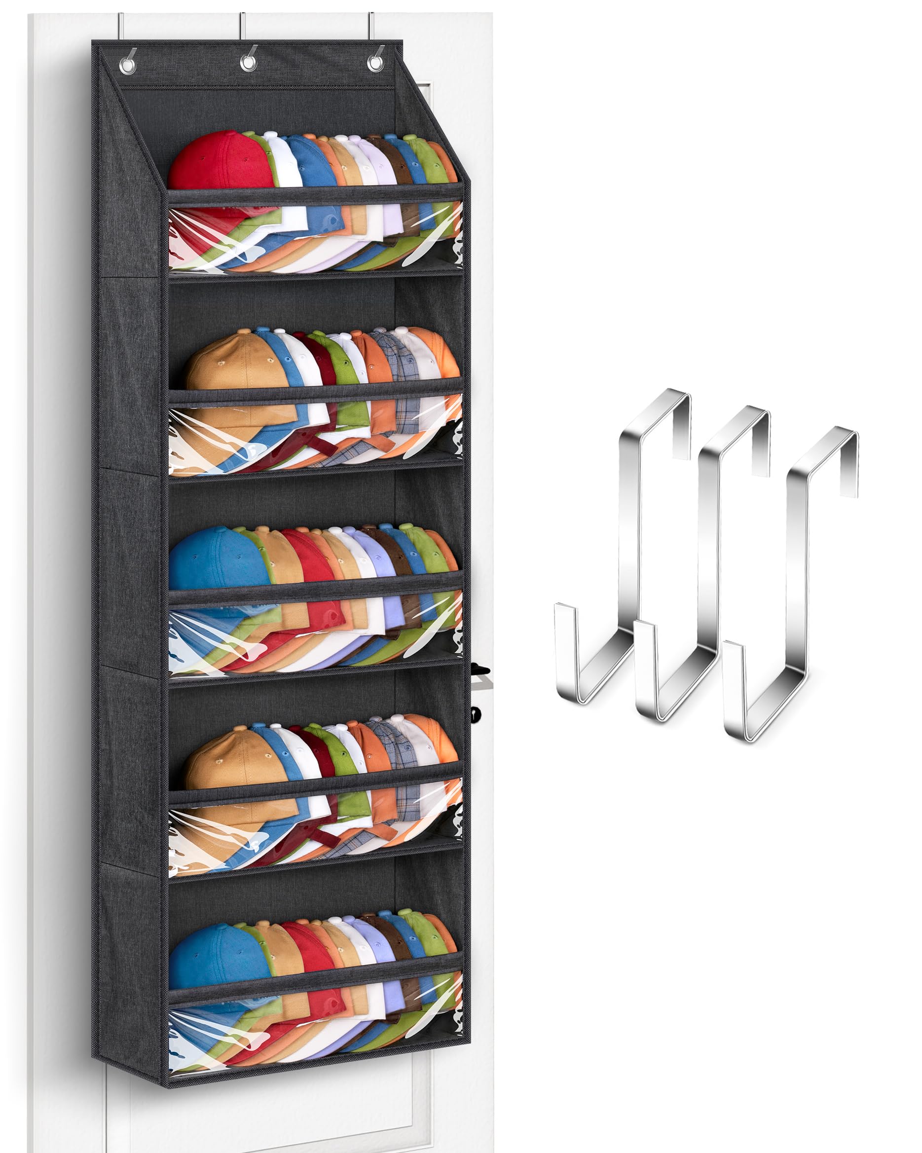 Sleeping Lamb Over Door Hat Racks For Baseball Caps, Clear Deep Pockets Hat Organizer For Closet Or Wall Hold 60 Hats Storage Ho
