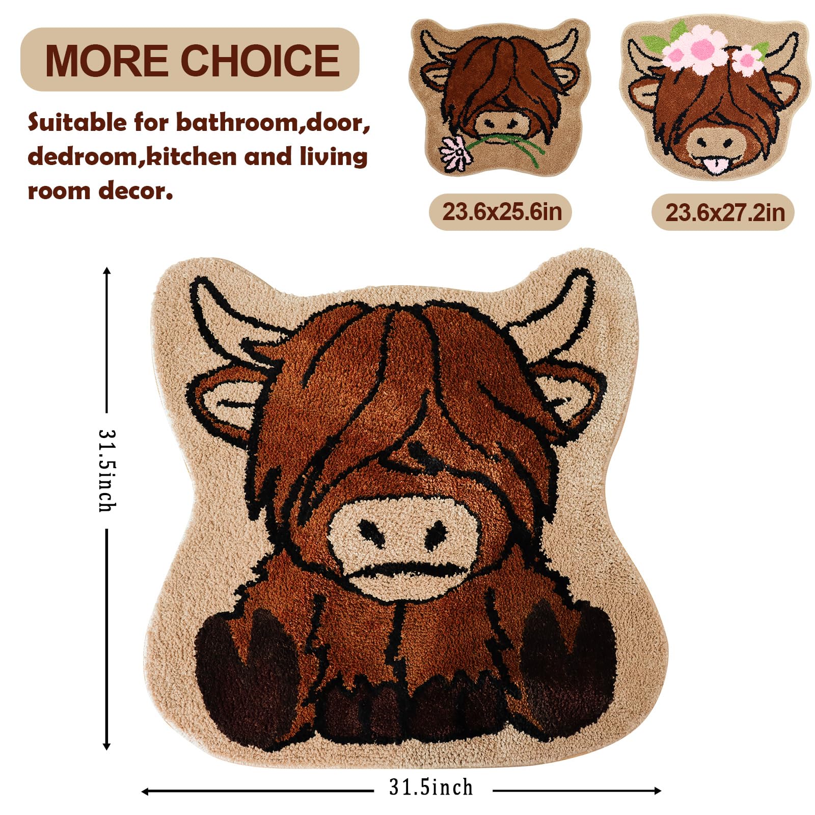 Oturgor Highland Cow Bath Mat 32''X32'' Cute Cow Bathroom Rug Western Cow Print Rug For Bathroom Decor Non Slip Floor Mat For Ki