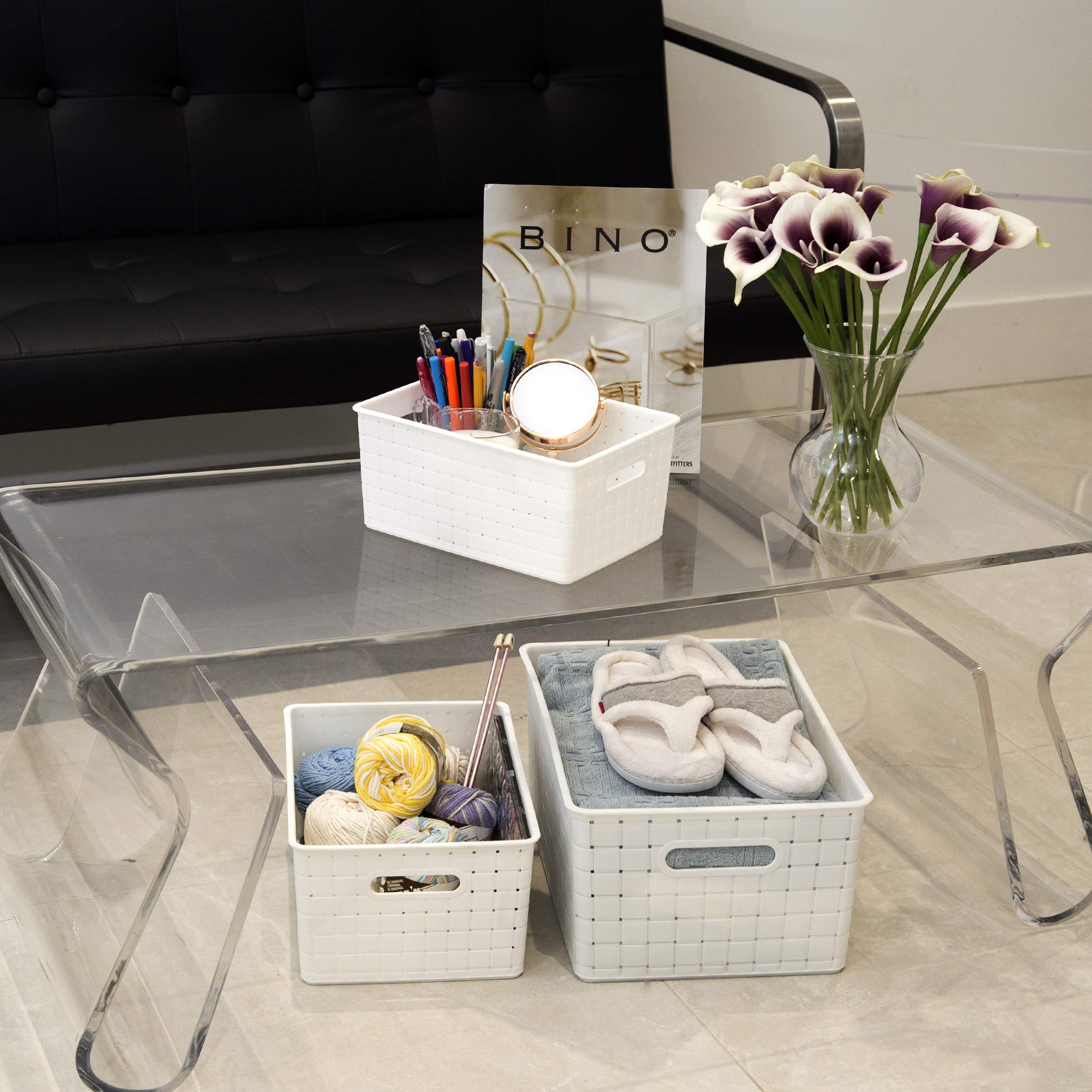 Bino | Plastic Basket, Large - White | 3 Pack | The Stable Collection | Multi-Use Storage Basket | Rectangular Cabinet Organizer