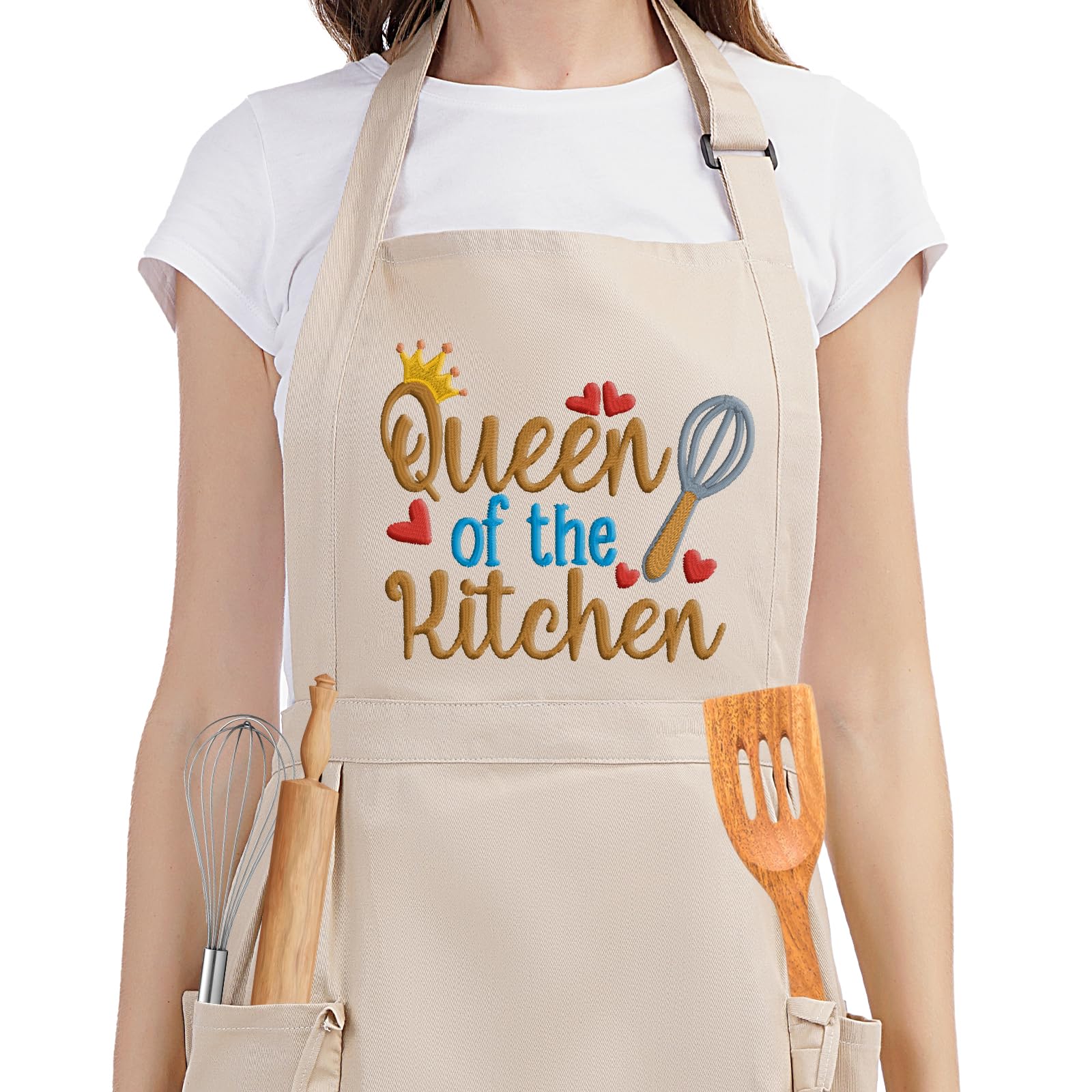 FairyS Gift Funny Cooking Aprons For Women W/Pockets, Embroidered Cute Apron, Baking Aprons, Queen Of The Kitchen Apron, Valent