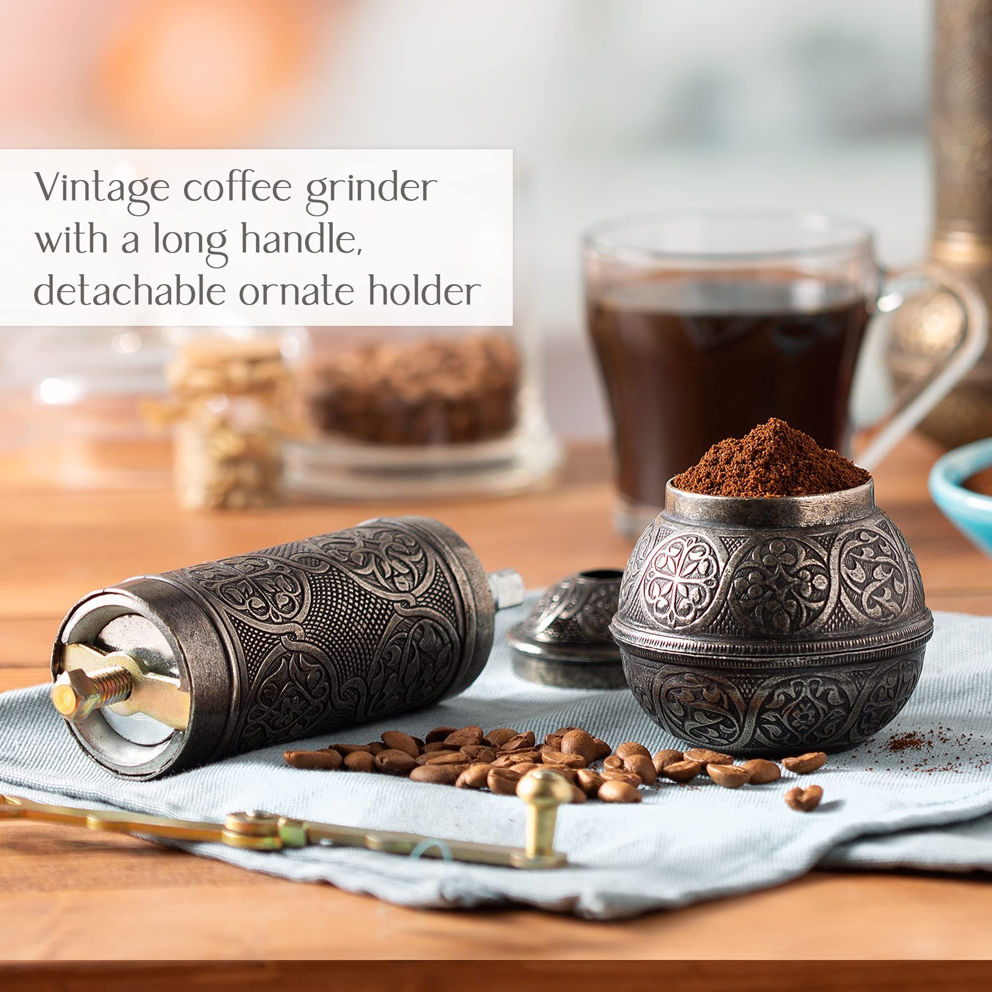 Crystalia Refillable Coffee Grinder, Authentic Manual Mill With Adjustable Grinder, Metal Coffee Mill With Handle, Antique Coffe