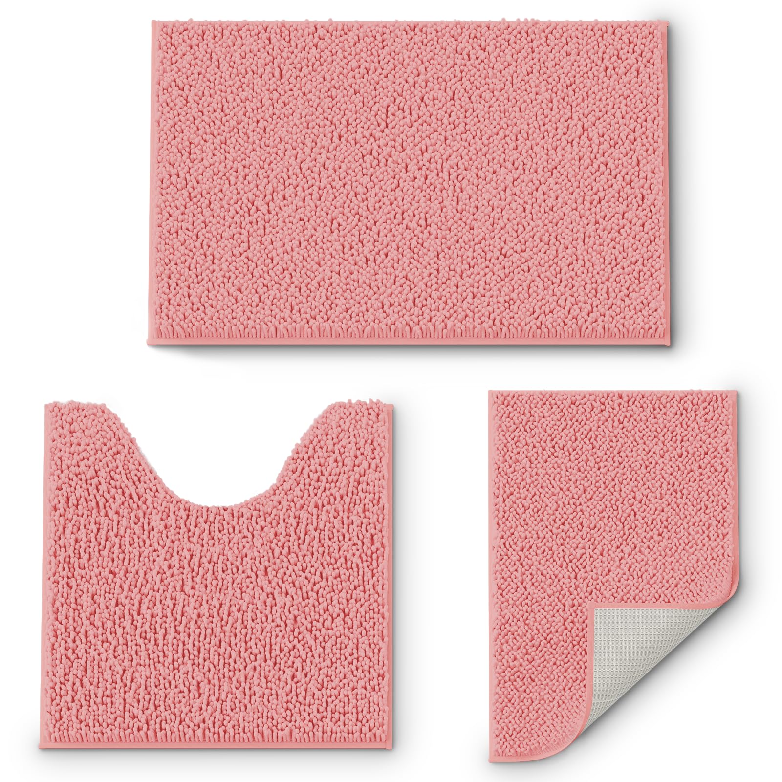 Pink Bathroom Rugs Sets 3 Piece Super Thick Bathroom Rug Set Bath Mats, Extra Soft And Absorbent Shaggy Rugs, Strong Pvc Non-Sli