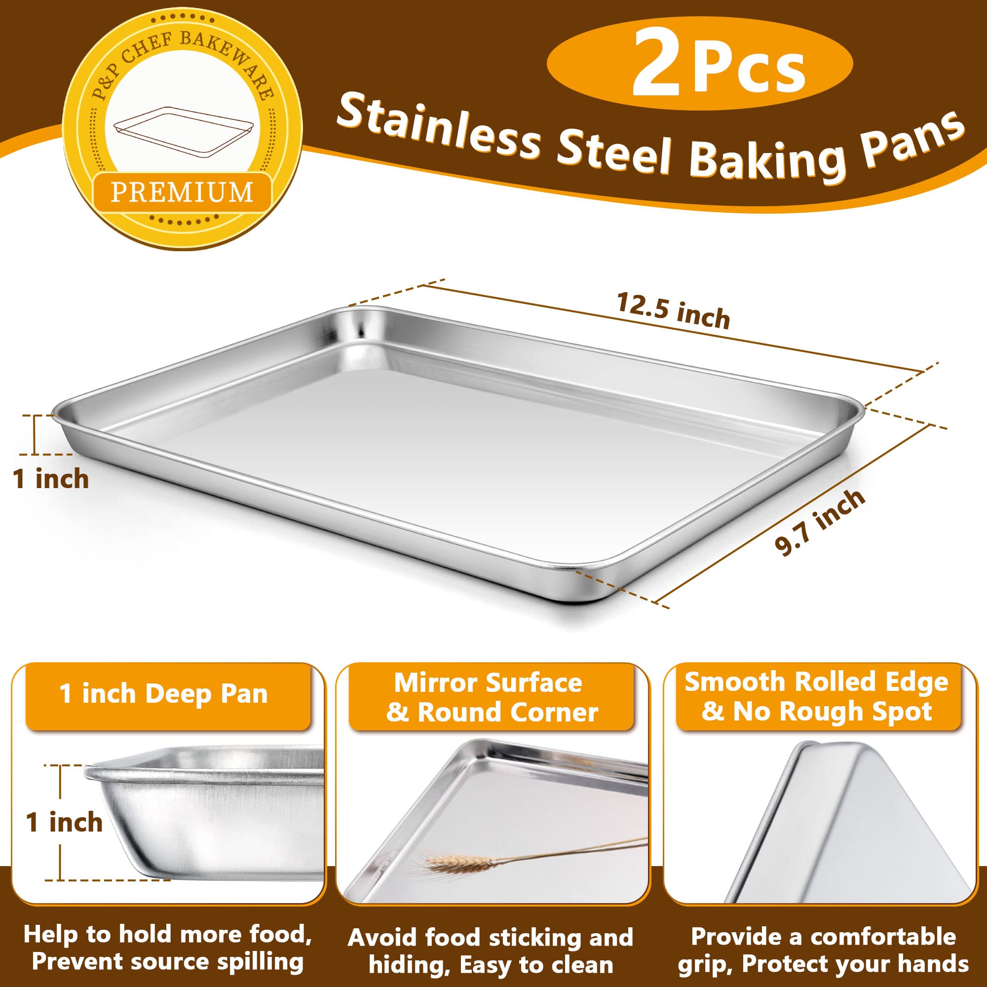 P&P Chef 12.5 Inch Toaster Oven Pan And Rack Set,4 Pieces Stainless Steel Baking Pan Oven Trays With Cooling Rack, Non Toxic & D