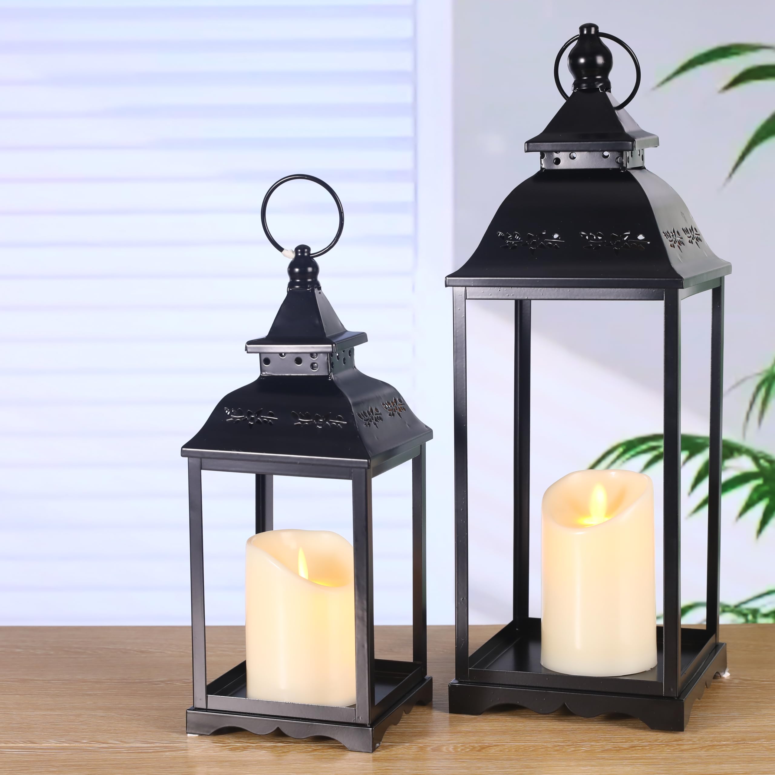 HAVITI 2 Pack Outdoor Lantern for Porch, Black Decorative Farmhouse Lanterns Indoor, 17   12   Lantern (no Glass) with 2PCS LED 