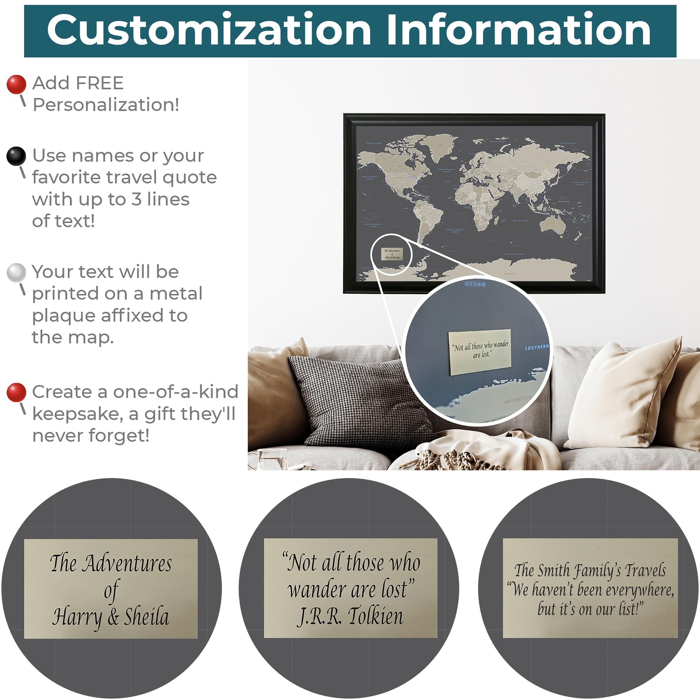 Personalized Earth Toned World Push Pin Travel Map With Barnwood Gray Frame And Pins - 27.5 Inches X 39.5 Inches