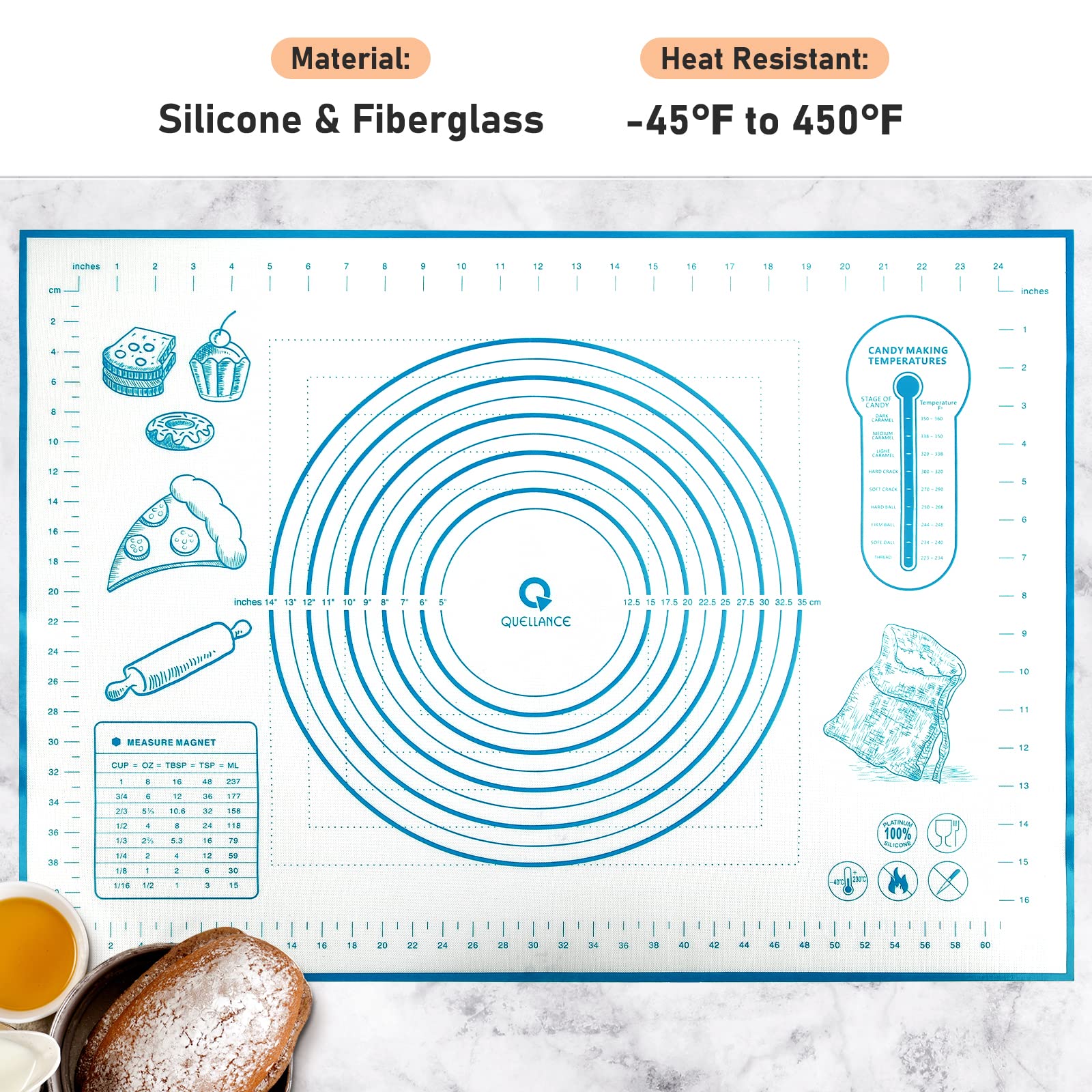Silicone Baking Mat With Measurements, Pastry Mat/Fondant Mat/Dough Rolling Mat/Counter Mat/Oven Liner Mat, 20 ' '(W)28 ' '(L) B