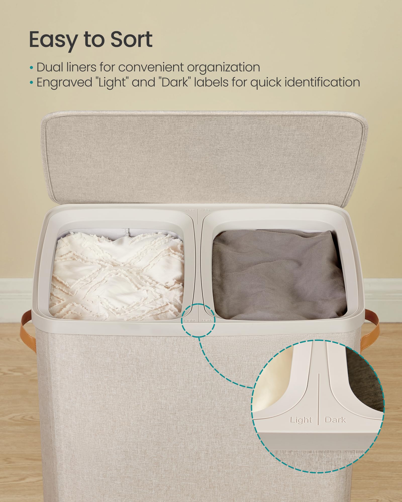 Songmics Laundry Basket, 44.9 Gal. Laundry Hamper, 2 Compartments, Easy Assembly, With Lid And Handles, Removable Liners, 22 X 1