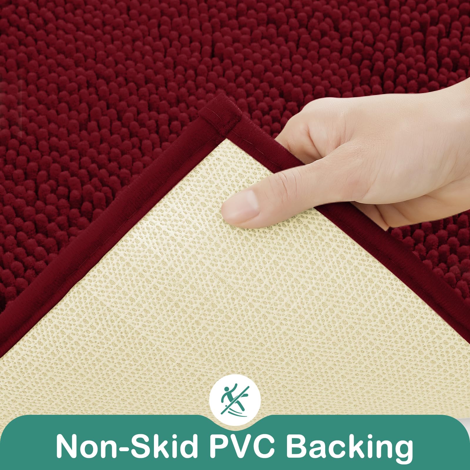 Homeideas Bathroom Rugs Set 2 Pieces, Ultra Soft Non Slip Absorbent Chenille Toilet Bath Mat Set (Burgundy)