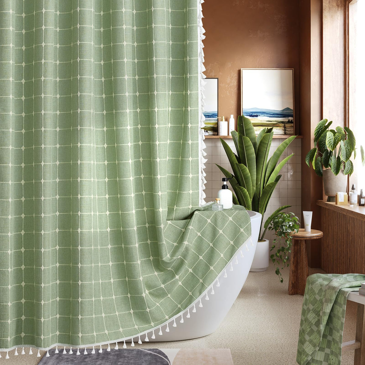 Extra Long Shower Curtain 84 Inches Long, Boho Linen Textured Weighted Fabric Shower Curtain Set With Tassels , Tall Farmhouse V