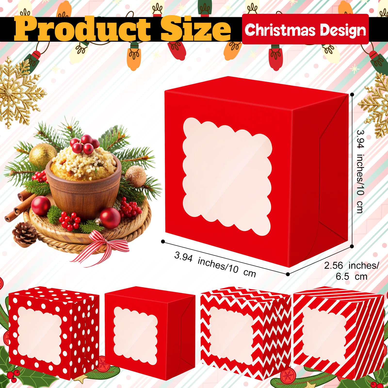 Humyoun 100 Pcs Christmas Cookie Boxes for Gift Giving 4 x 4 x 2.5 Inch Small Red and White Bakery Treat Boxes with Window for X