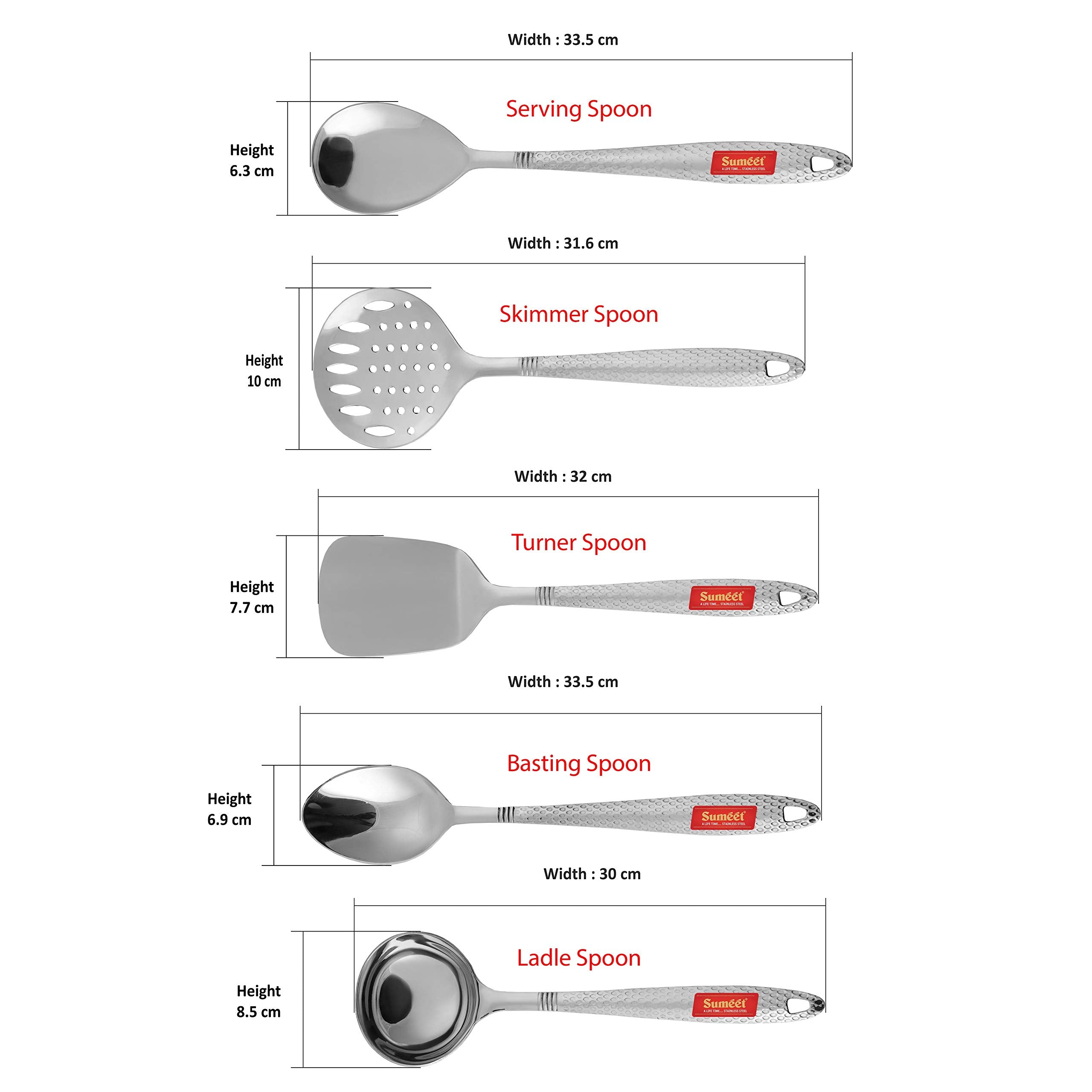 Sumeet Stainless Steel Big Serving And Cooking Spoon Set Of 5Pc (1 Turner, 1 Serving Spoon, 1 Skimmer, 1 Basting Spoon, 1 Ladle)