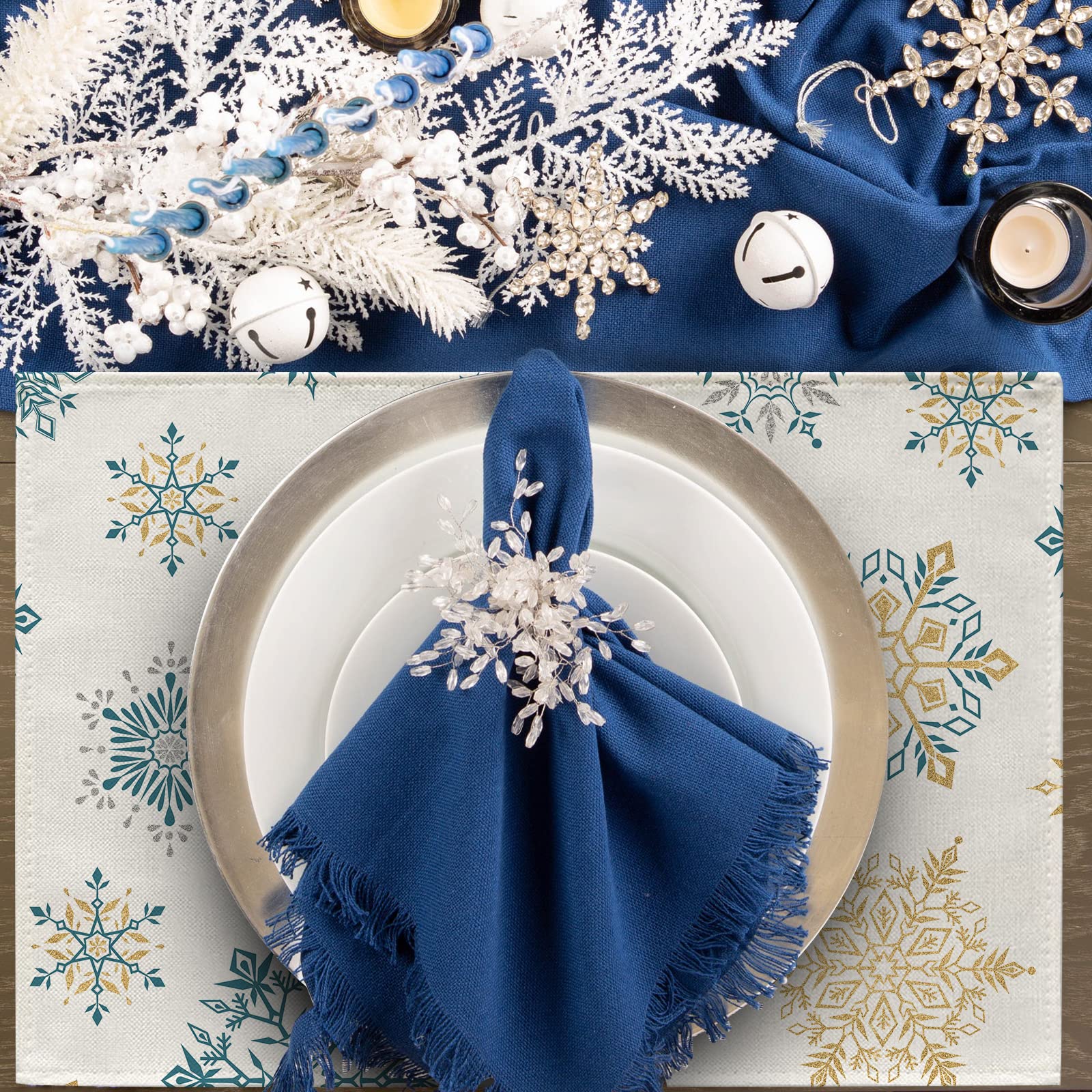 Seliem Winter Snowflakes Placemats Set Of 4, Gold Blue Tabletop Dining Table Place Mats Home Kitchen Decor, Seasonal Farmhouse R