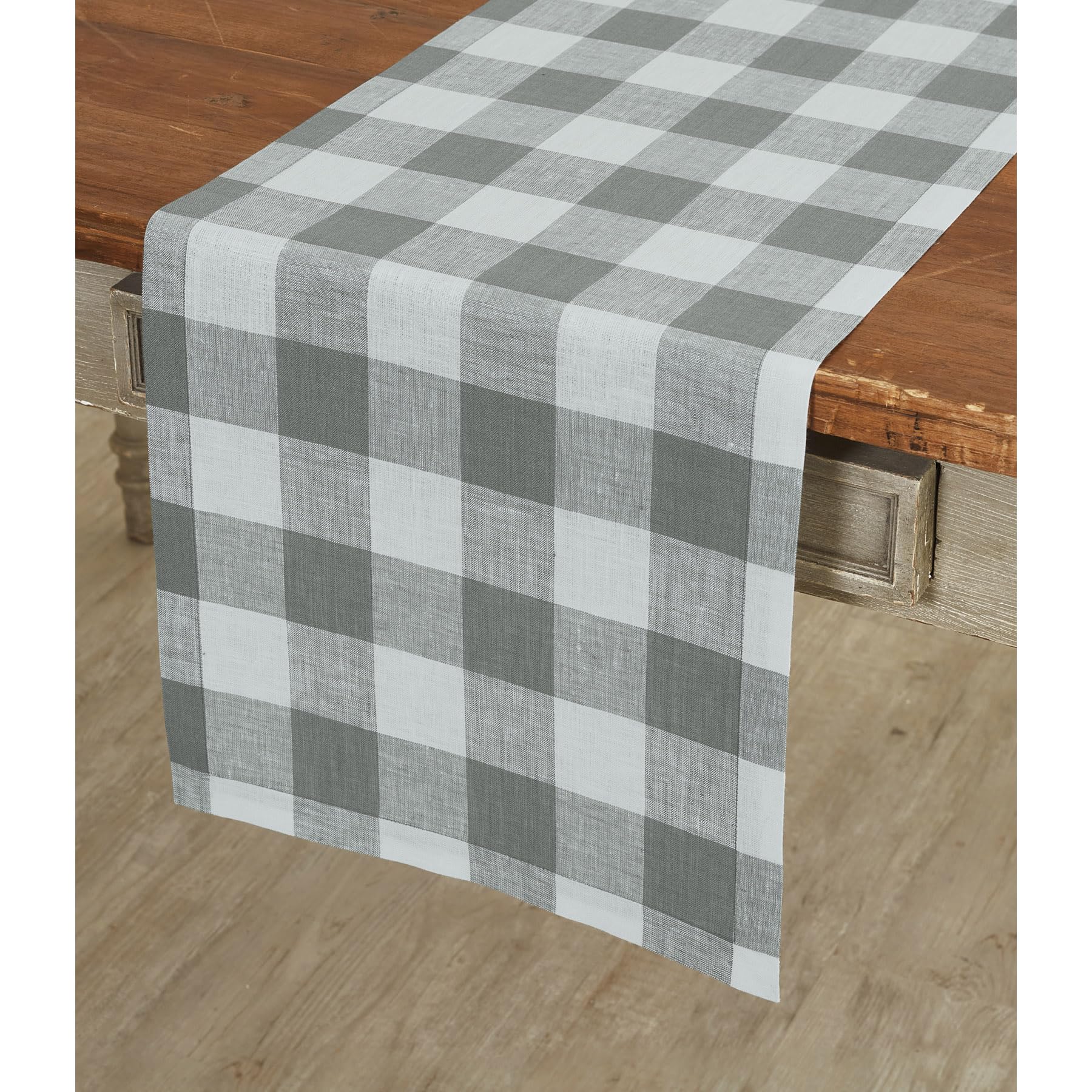 Solino Home Buffalo Check Linen Table Runner 132 Inches Long - 100% Pure Linen Grey And White Plaid Table Runner 14 X 132 Inch I