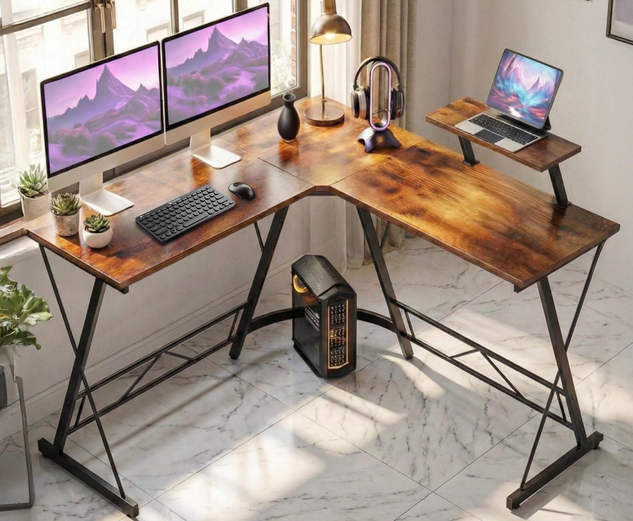 White Mulberry LShape Corner Desk | Diy Assembly | Monitor Raising Shelf | Engineered Wood & Sturdy Steel Leg| Perfect For Offi