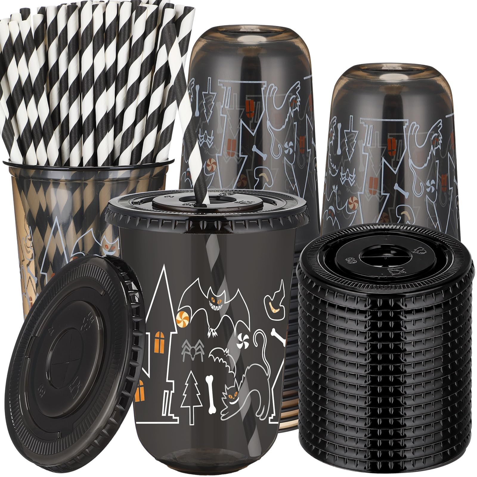 LemonRoad 50 Pack 16 oz Halloween Black Plastic Cups with Lids & Straws, Spooky Castle & Bat Print, Disposable Party Tumblers fo