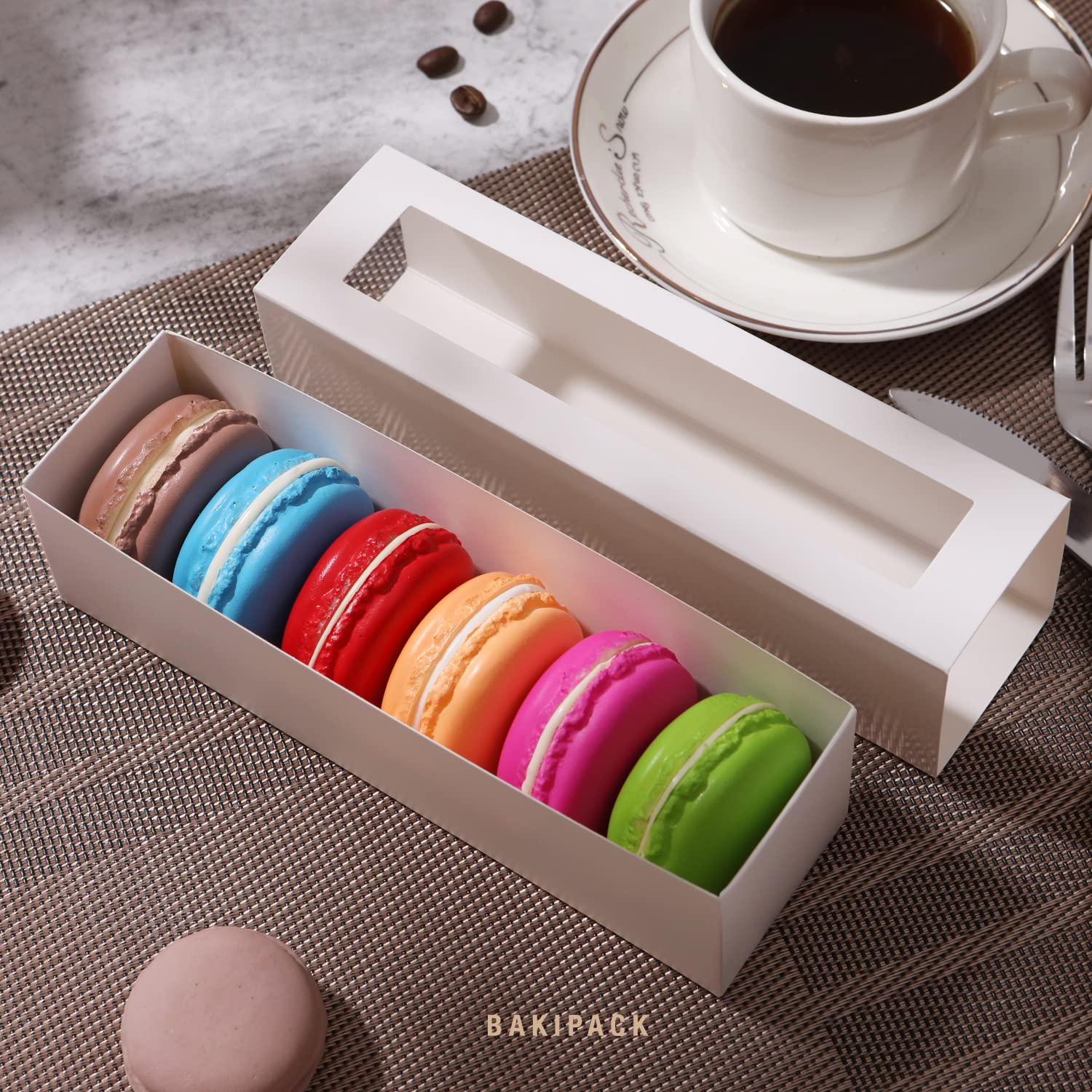 Bakipack 25 Macaron Boxes For 6 Macarons White Macaron Boxes With Interior Measurement 7.3'' X 1.9'' X 1.9'' Macarons Gift Boxes