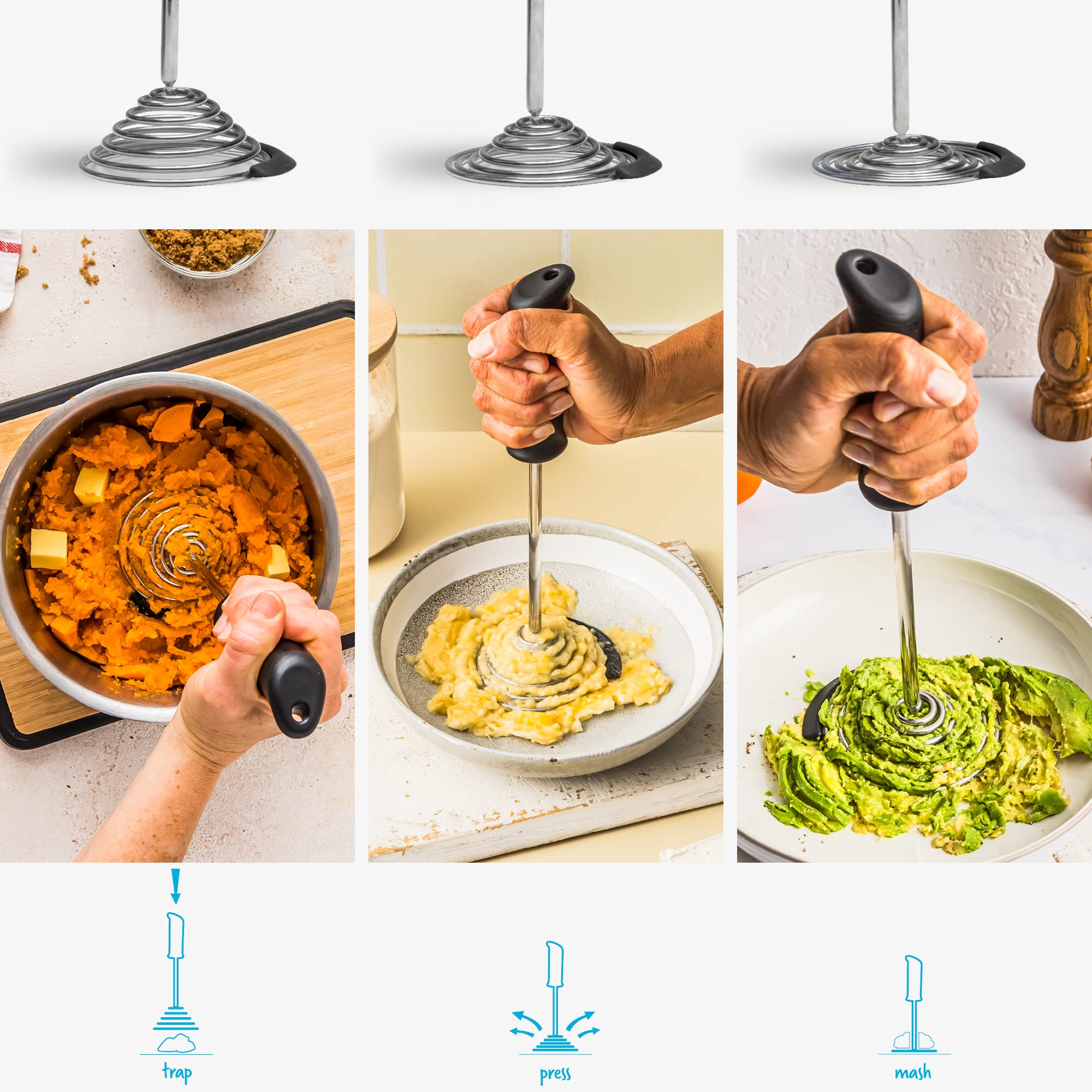 Dreamfarm Smood | One-Handed Stainless-Steel Vegetable & Potato Masher With Soft Grip And Bowl Scraper | Black
