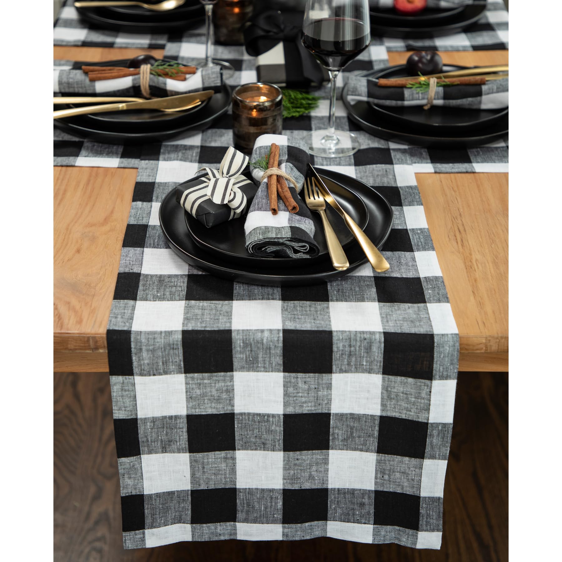 Solino Home Buffalo Check Linen Table Runner 108 Inches Long - 100% Pure Linen Black and White Plaid Table Runner 14 x 108 Inch 