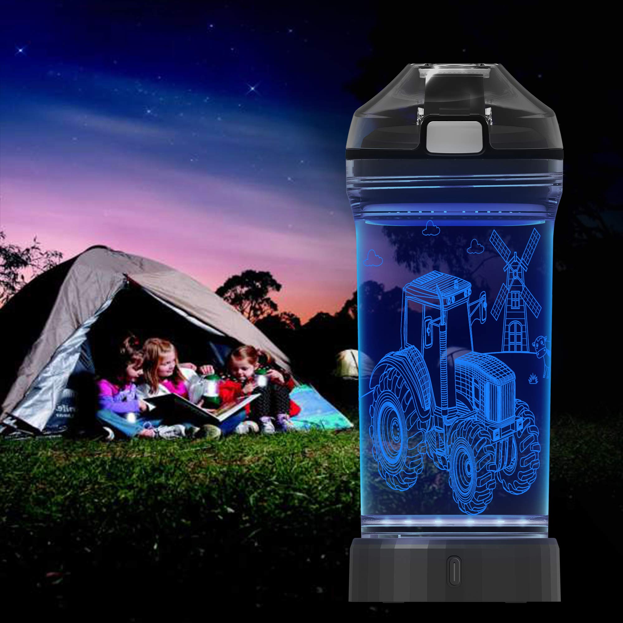Lightzz Kids Water Bottle with 3D Glowing Tractor LED Light - Tritan BPA Free - Creative Ideal Travel Cup MTZ Gift for Back to School Girl Boy Child Holiday Camping Picnic (Tractor 14 Oz)