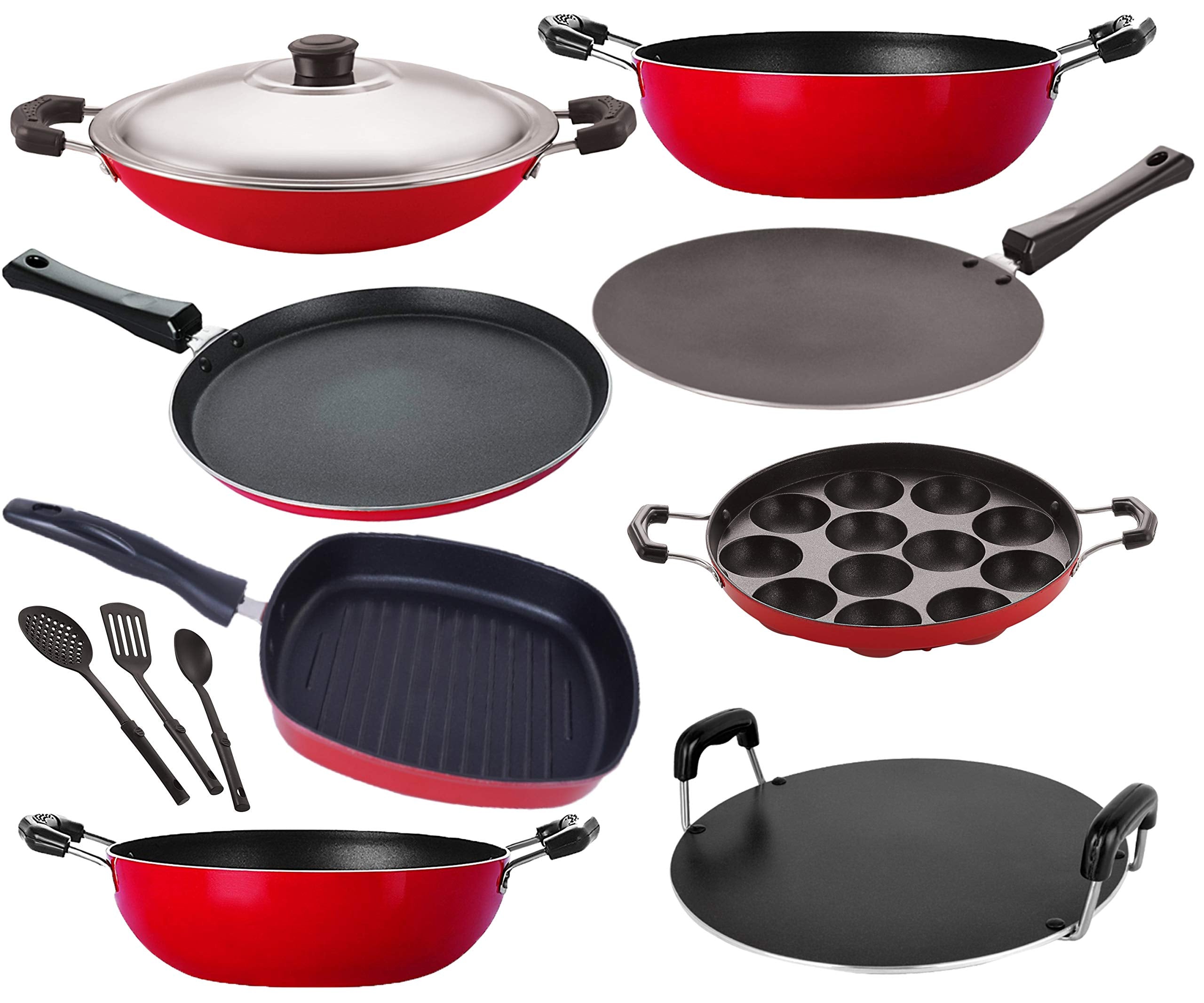 Nirlon NonStick Aluminium Cooking Gift Set Flat Tawa/ Concave Tawa/ 2 Kadhai/ Appam/Appachatti/Round Tawa/Grill Pan/ 3 Nylon Sp