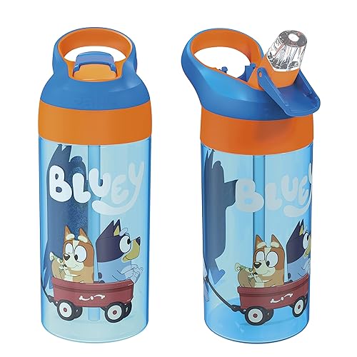 Zak Designs 17.5 oz Riverside Bluey Kids Water Bottle with Straw and Built in Carrying Loop Made of Durable Plastic  Leak-Proof Design for Travel  2PK Set