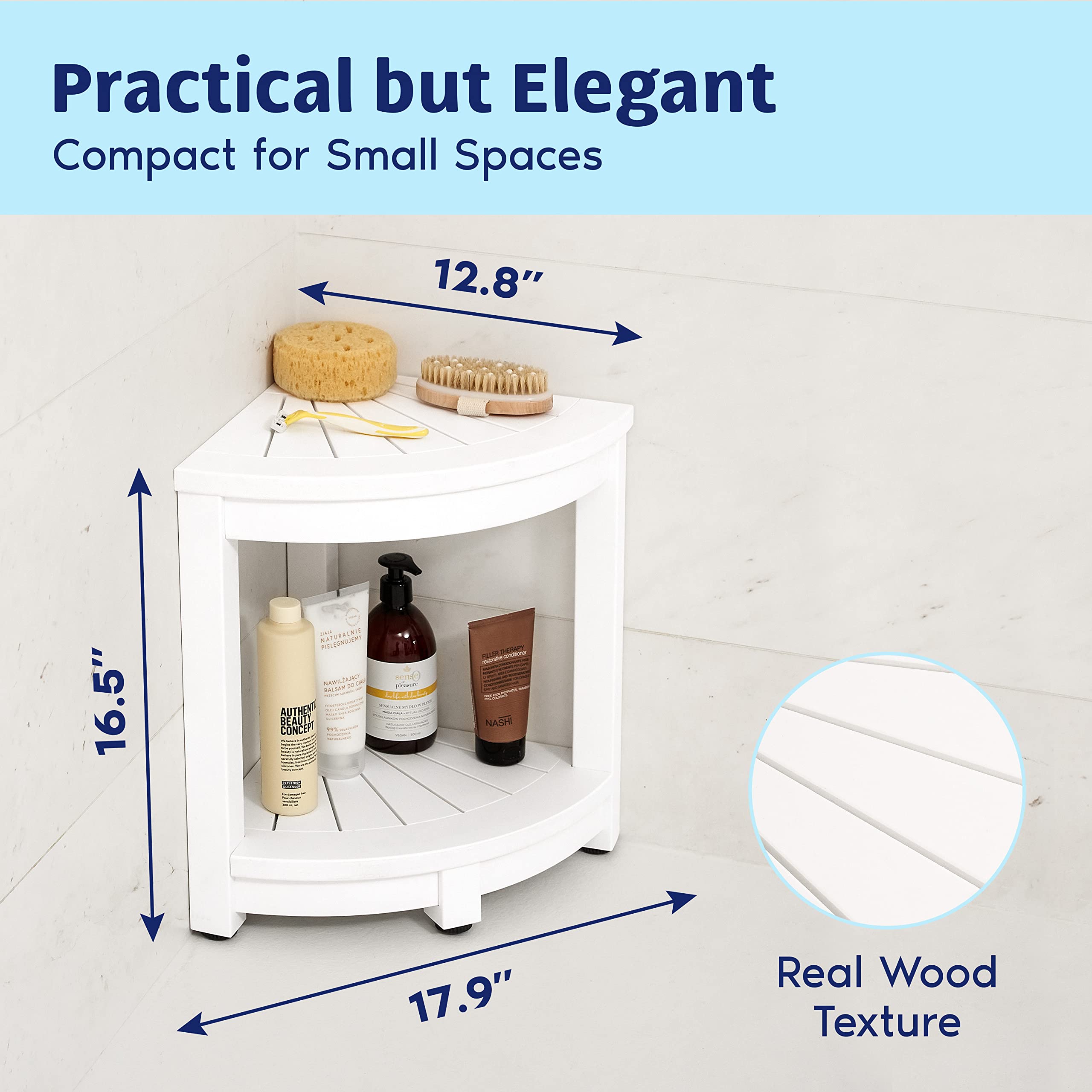 ROHKEX No-Maintenance Corner Shower Stool for Shaving Legs - Heavy-Duty Waterproof Bathroom Bench with Rubber Feet  Storage Shelf - Sustainable & Versatile for Indoor & Outdoor Use