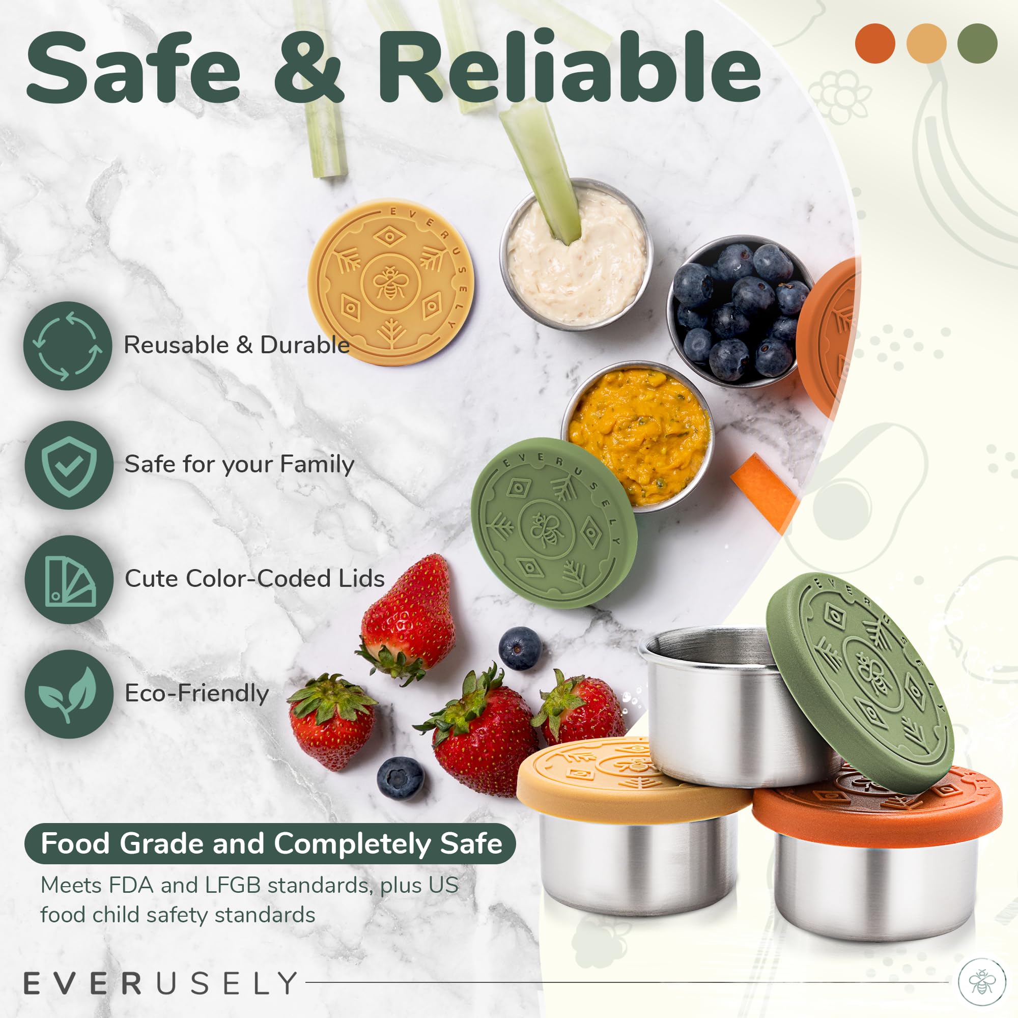 Everusely Mini 3X1.5 Oz Leakproof Salad Dressing Container To Go, Stainless Steel Small Condiment Containers With Lids, Sauce Co