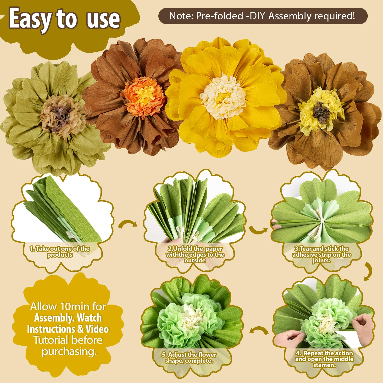 4 PCS 20 Brown Yellow Giant Paper Flowers Boho Baby Shower Party Decorations Thanksgiving Fall Autumn Large Tissue Pom Poms Neut
