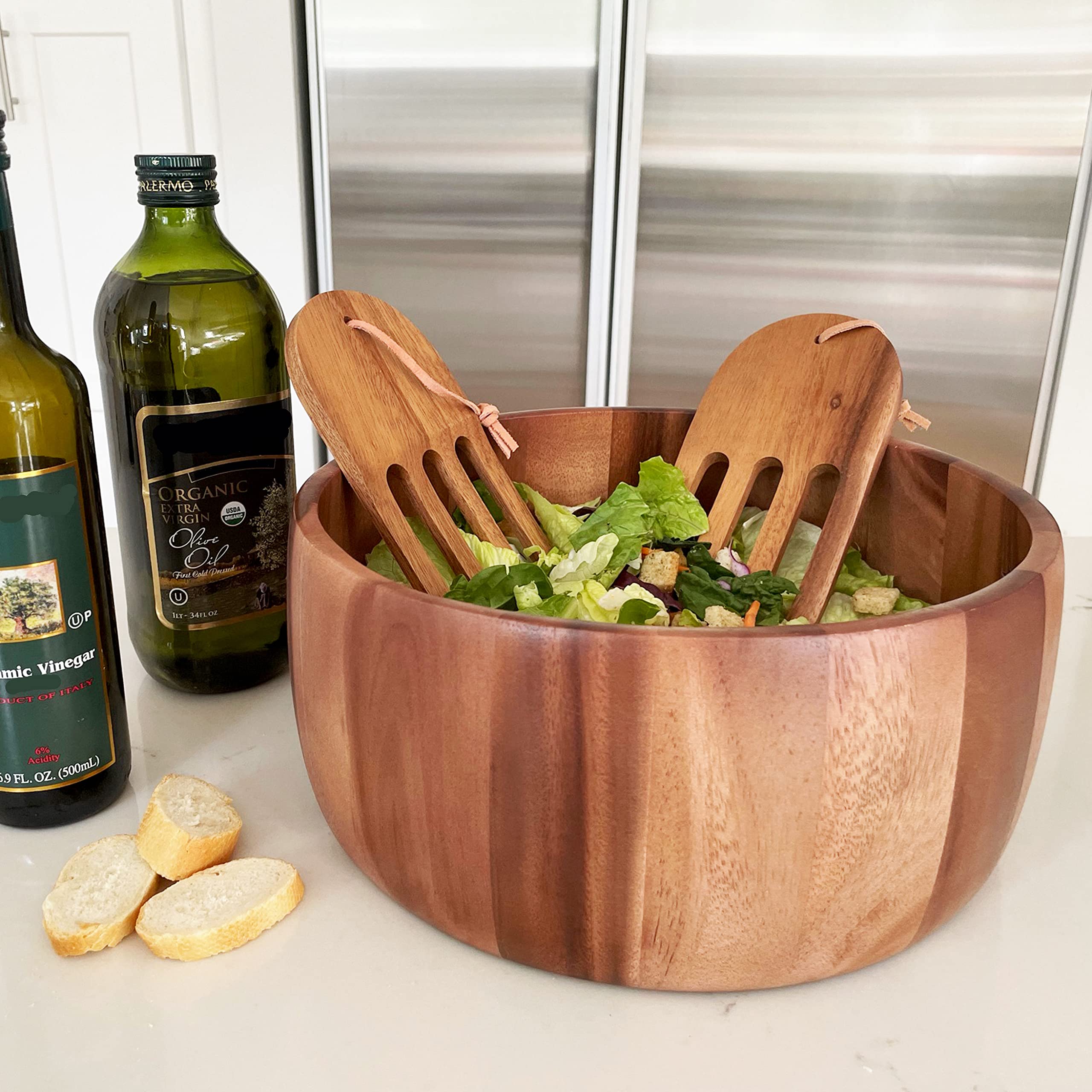Woodard & Charles Acacia Wood Serving Bowl Set, 12" x 5", 3 Pieces with Salad Hands, Natural Finish, Model WTT208-230